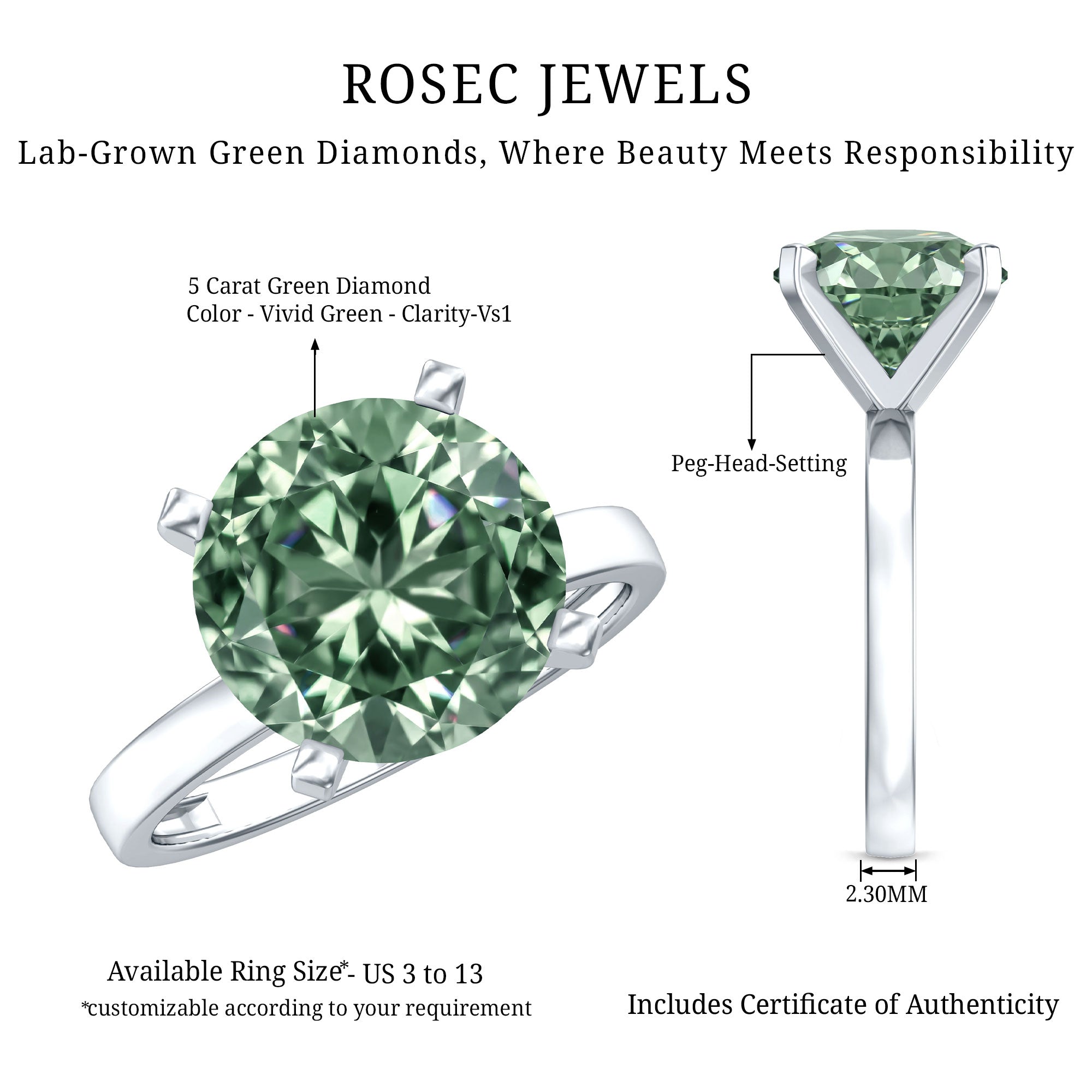 Huge 5 Carat Lab Grown Green Diamond Solitaire Engagement Ring with IGI Certificate Vivid Green - VS1 - Rosec Jewels