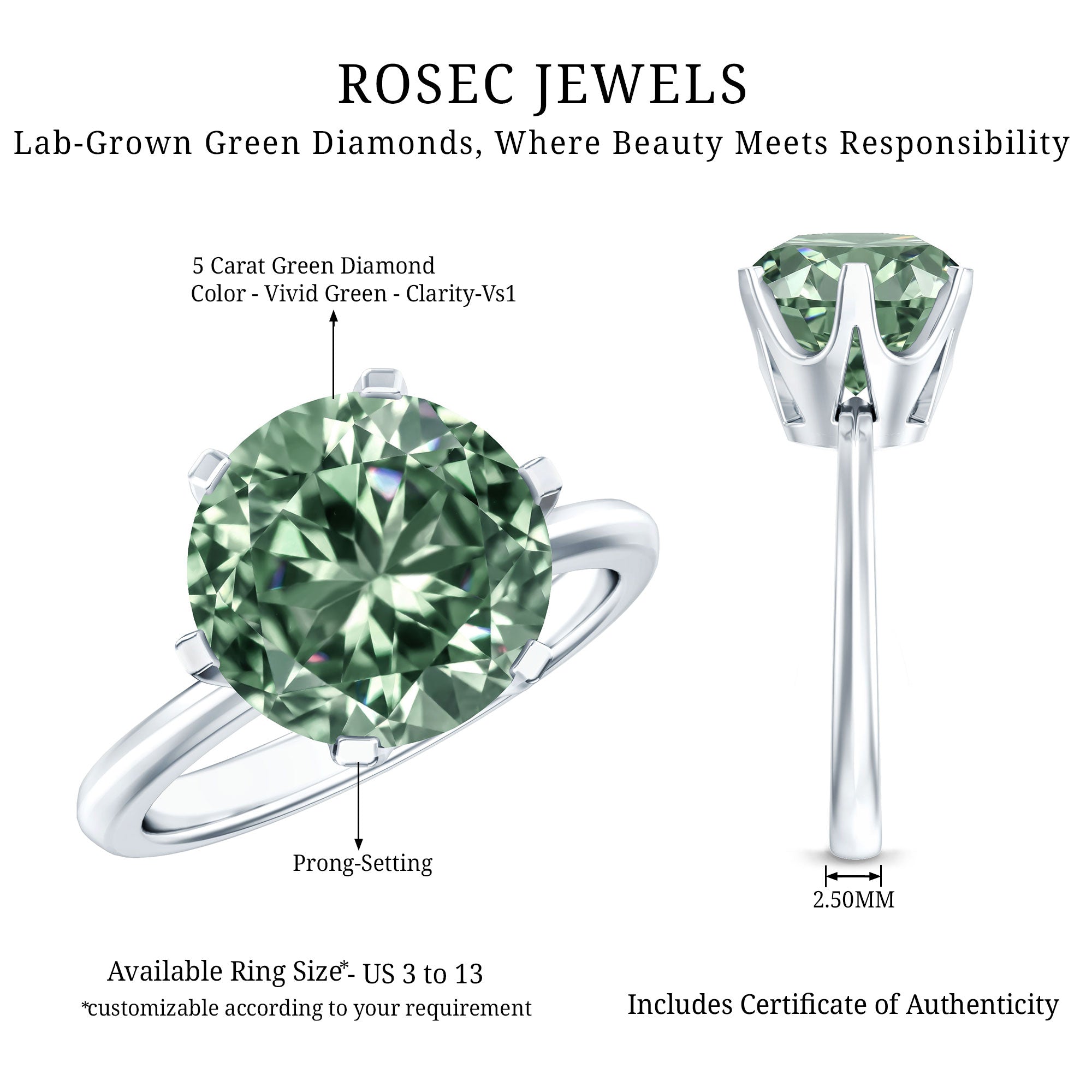 Large 5 Carat Lab Grown Green Diamond Engagement Ring with IGI Certificate Vivid Green - VS1 - Rosec Jewels