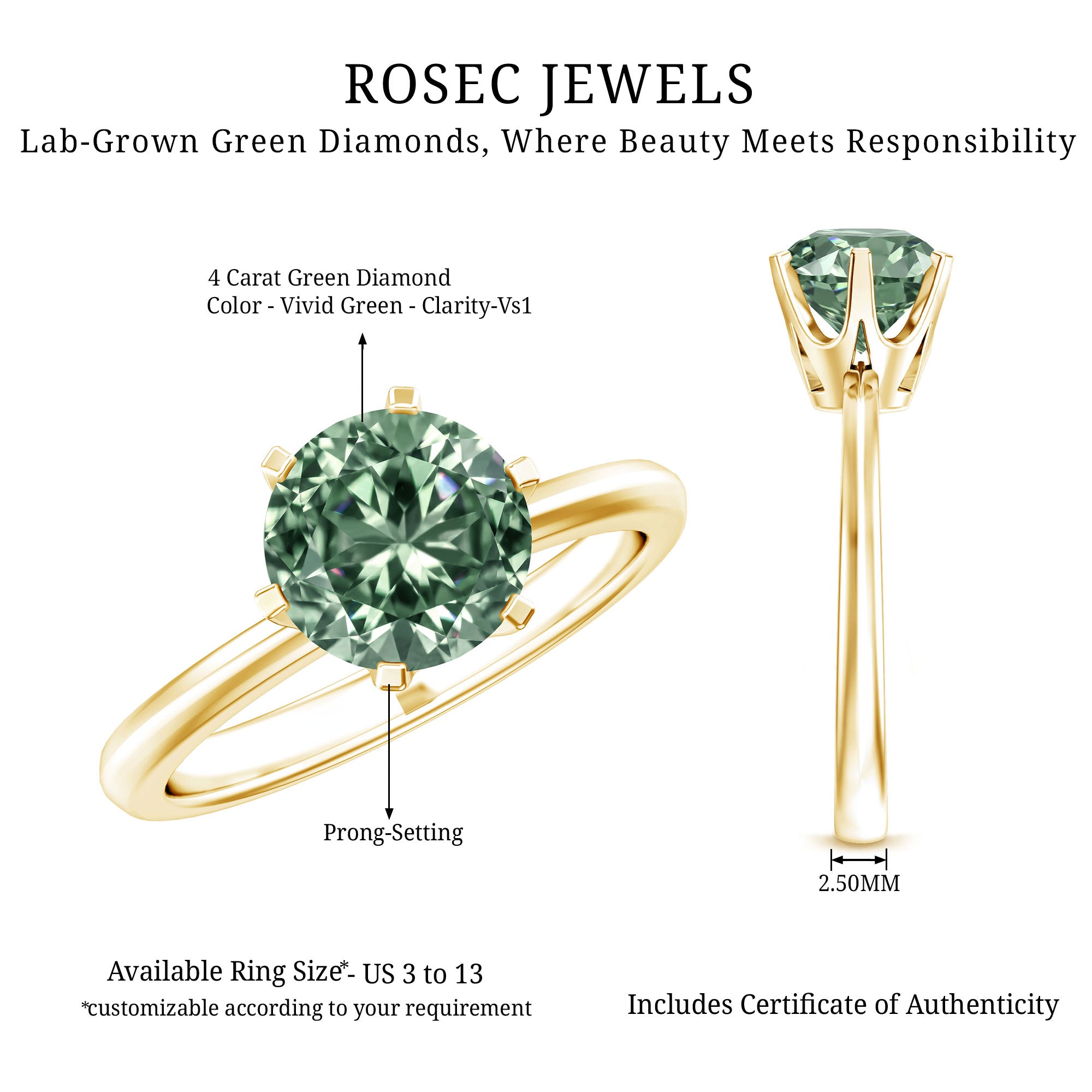 2 Carat Lab Grown Vivid Green Diamond Solitaire Engagement Ring with IGI Certificate Vivid Green - VS1 - Rosec Jewels