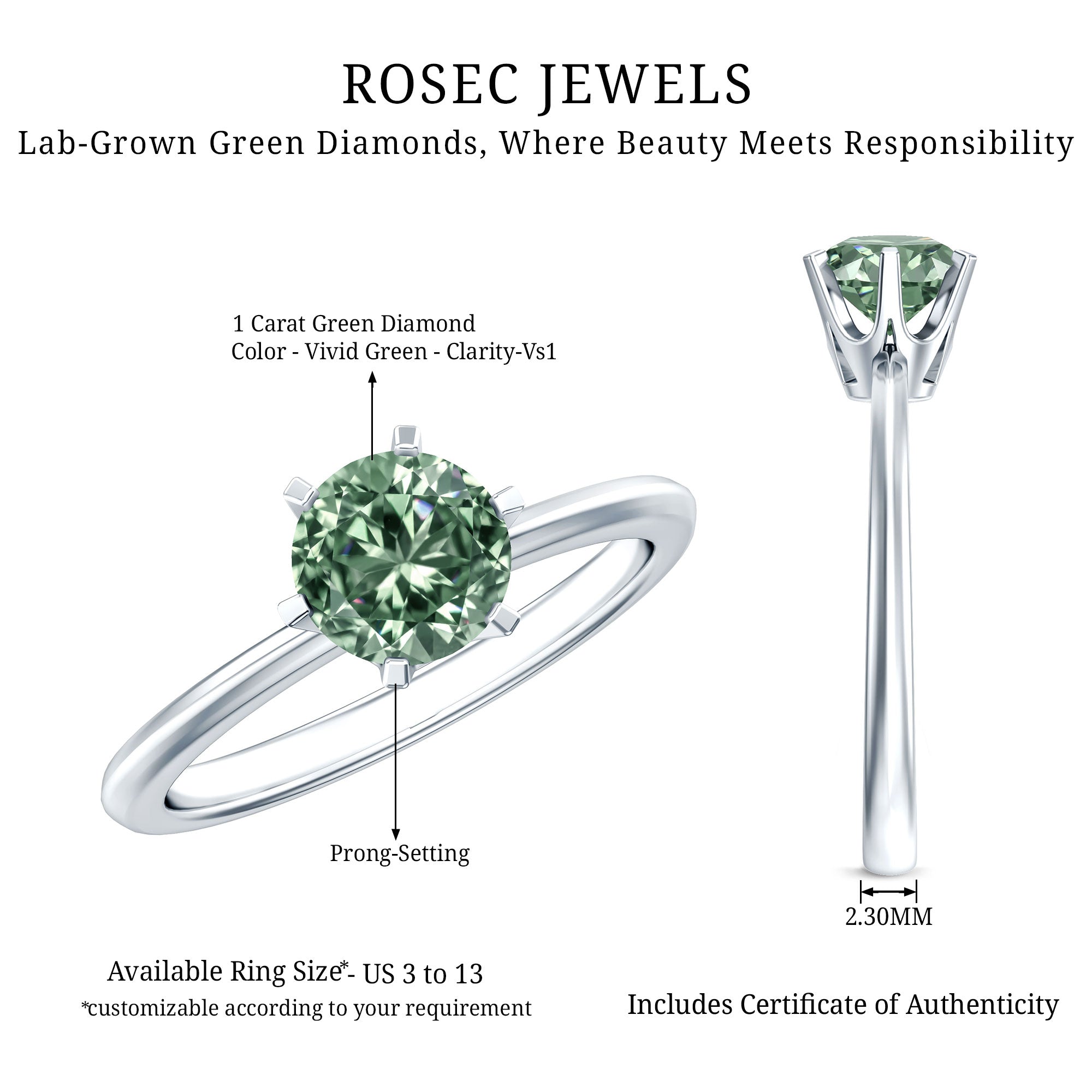 Lab Grown Green Diamond 1 Carat Solitaire Ring with IGI Certificate Vivid Green - VS1 - Rosec Jewels
