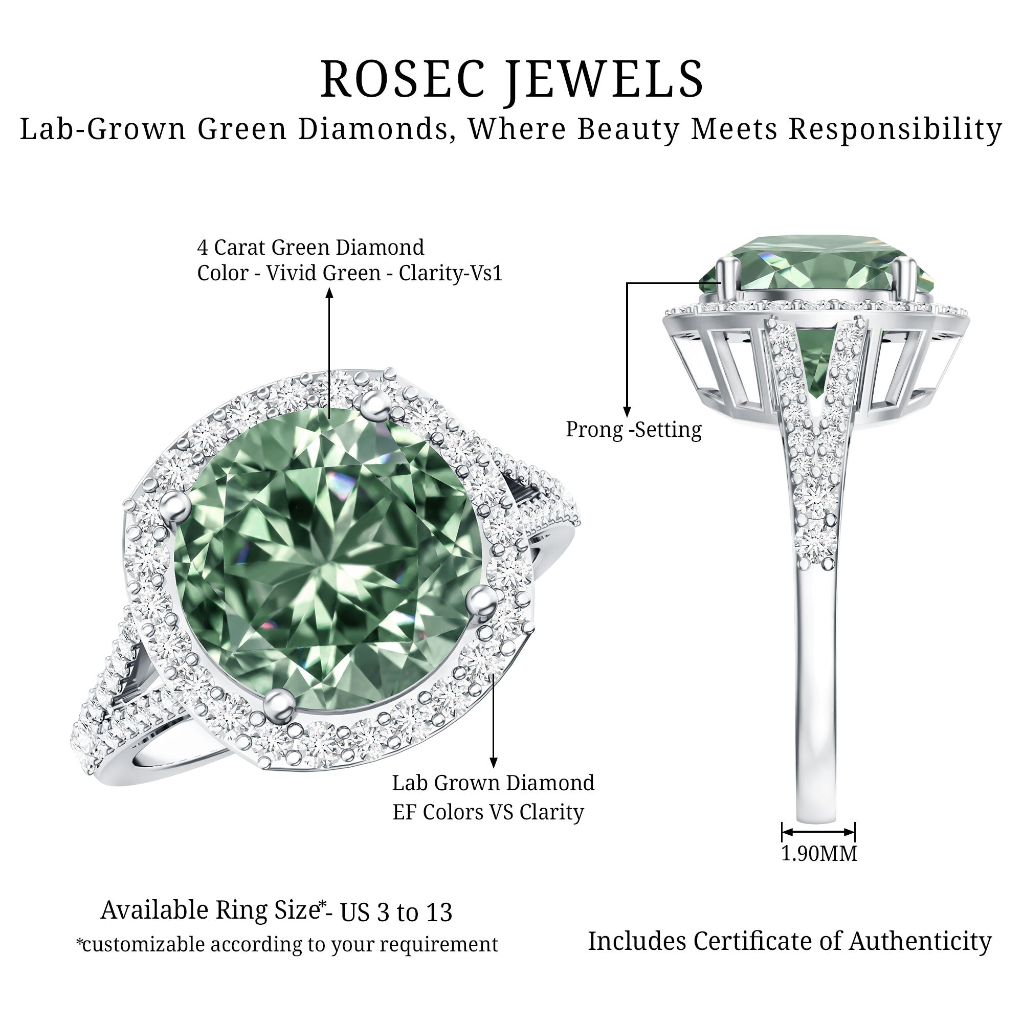 IGI Certified 4 Carat Lab Grown Green Diamond Statement Engagement Ring with Split Shank Vivid Green - VS1 - Rosec Jewels