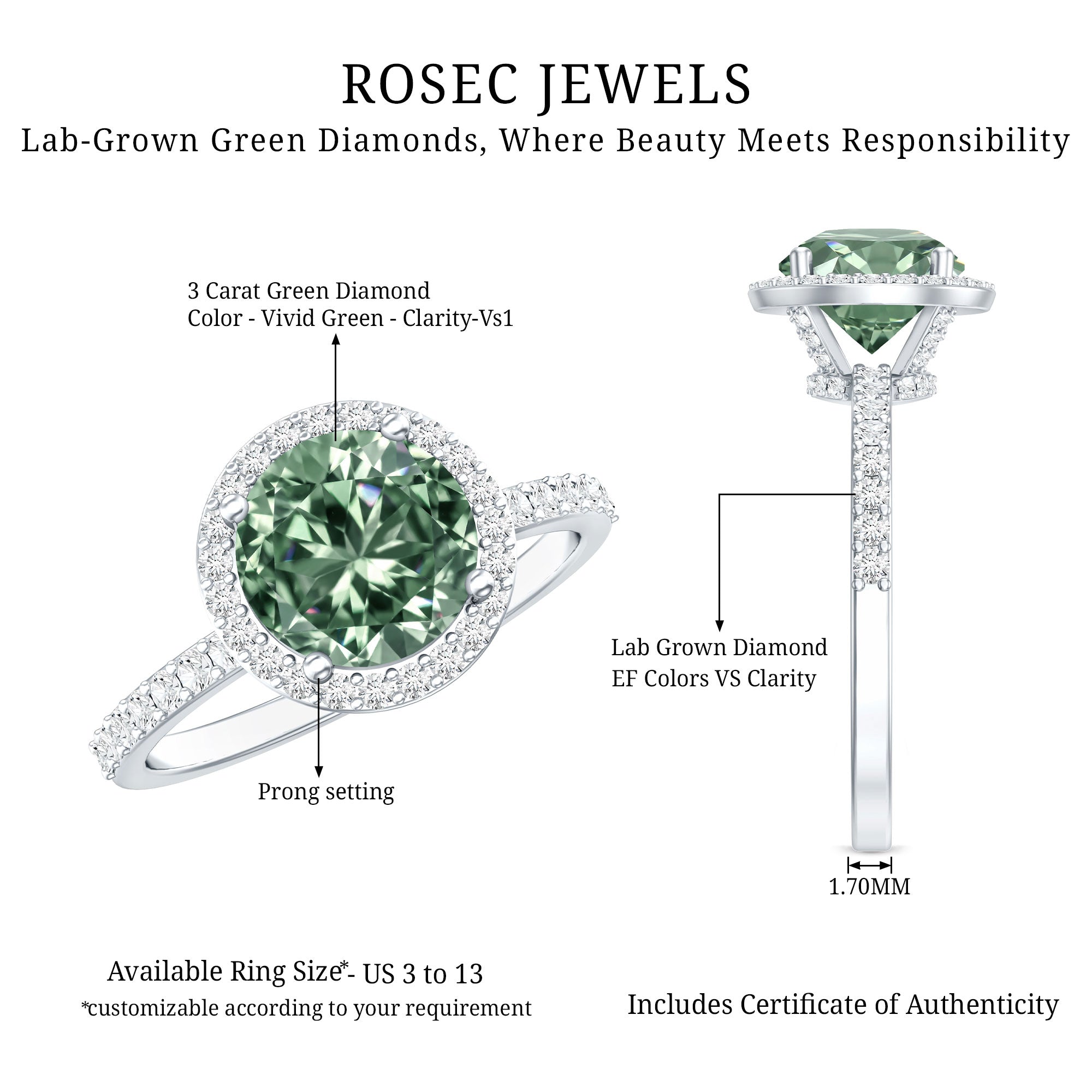 IGI Certified Lab 3 Carat Green Diamond Engagement Ring with Halo Vivid Green - VS1 - Rosec Jewels