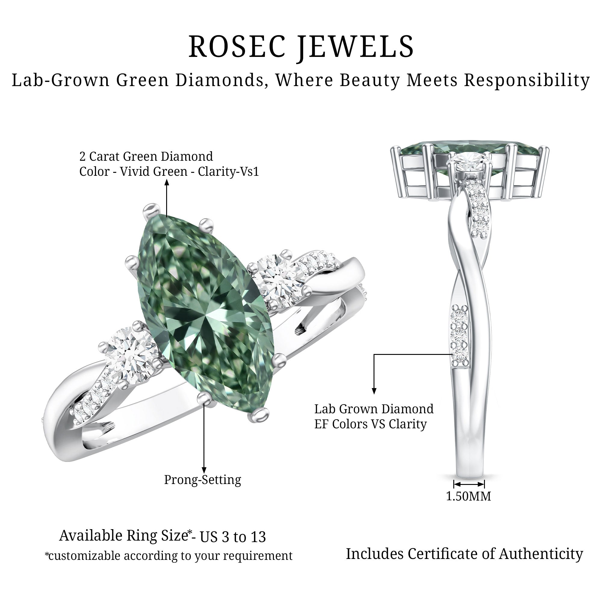 2 Carat Marquise Cut Lab Green Diamond Crossover Engagement Ring with IGI Certificate Vivid Green - VS1 - Rosec Jewels