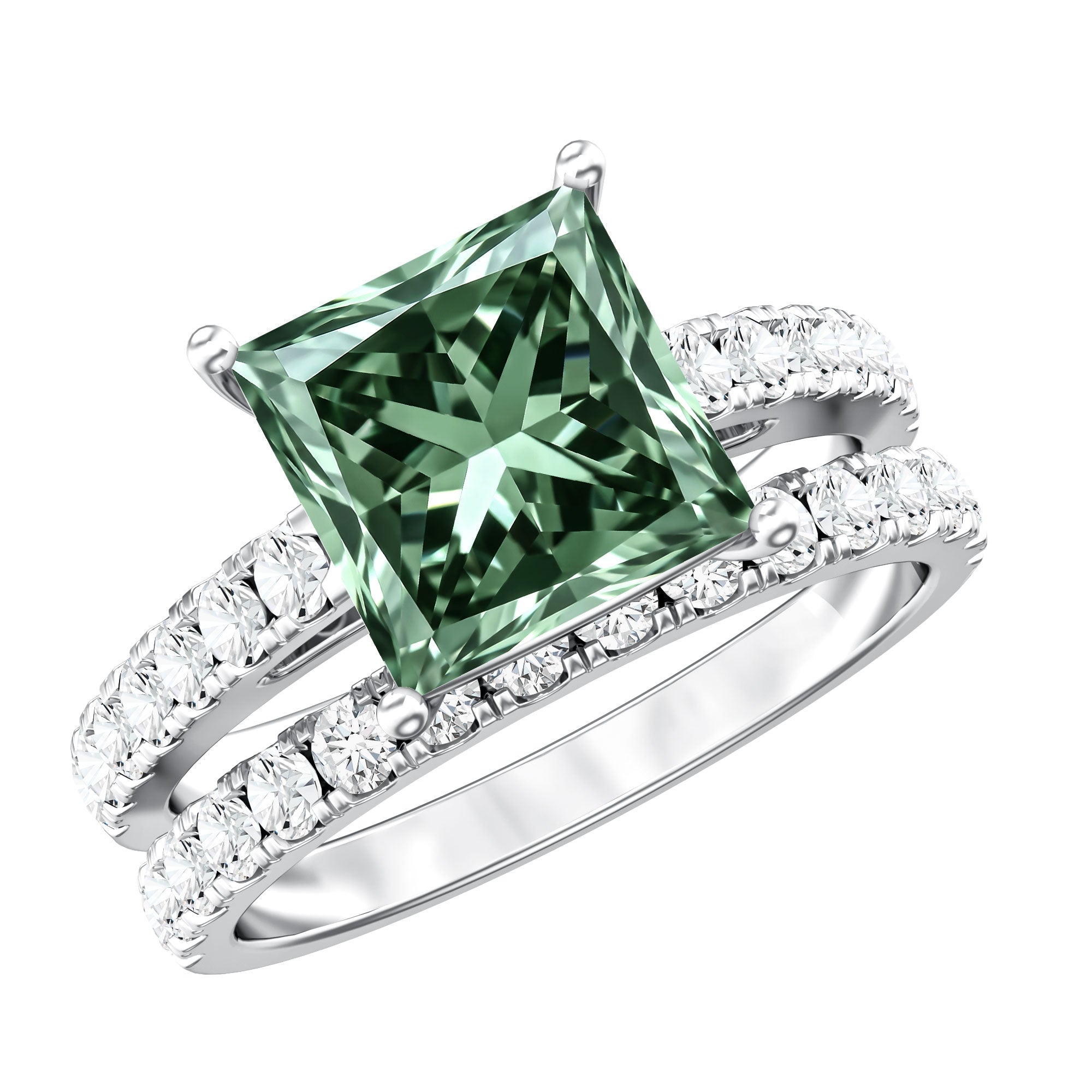 IGI Certified 1 Carat Princess Cut Lab Grown Green Diamond Bridal Ring Set Vivid Green - VS1 - Rosec Jewels