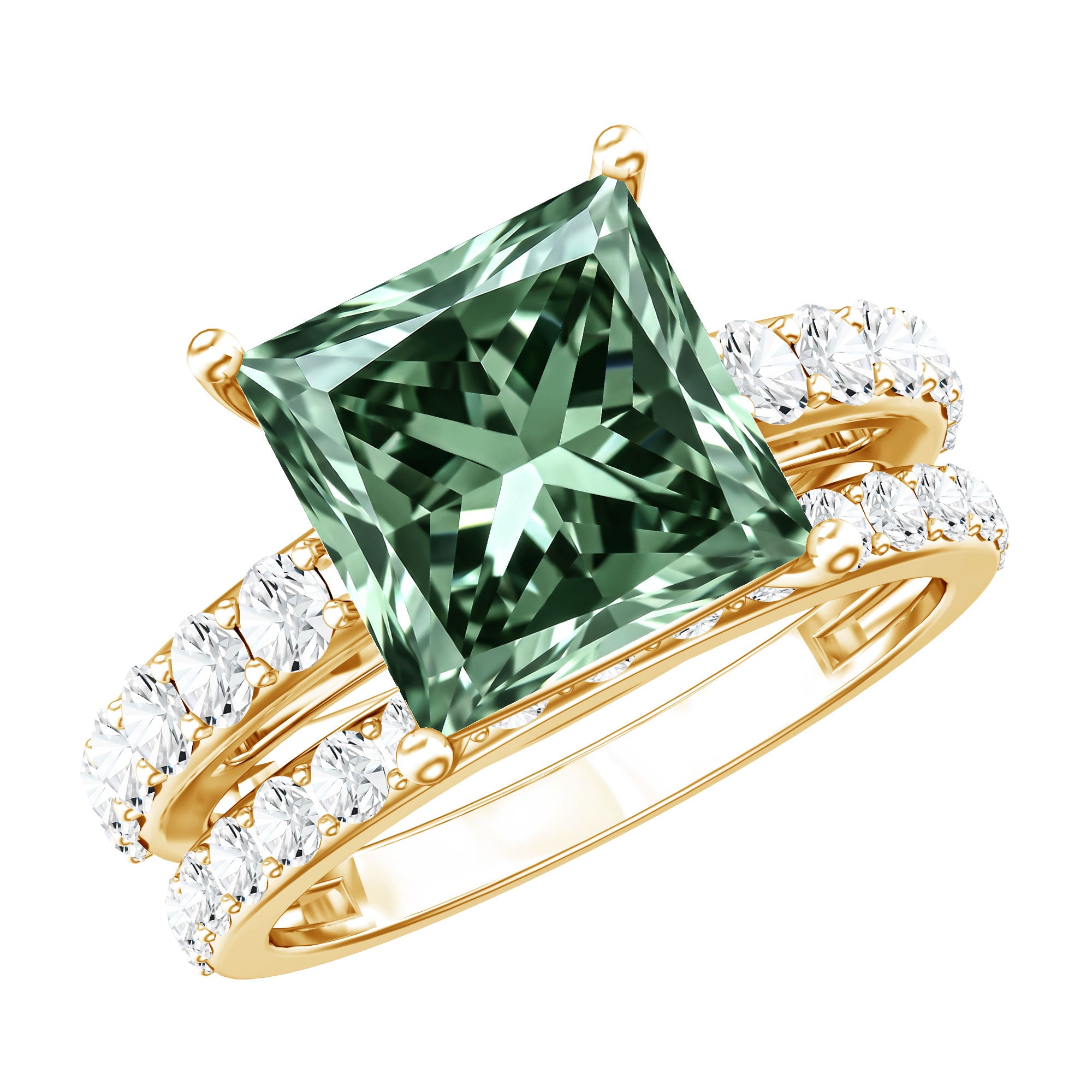 IGI Certified Princess Cut 2 Carat Lab Grown Green Diamond Wedding Ring Set Vivid Green - VS1 - Rosec Jewels