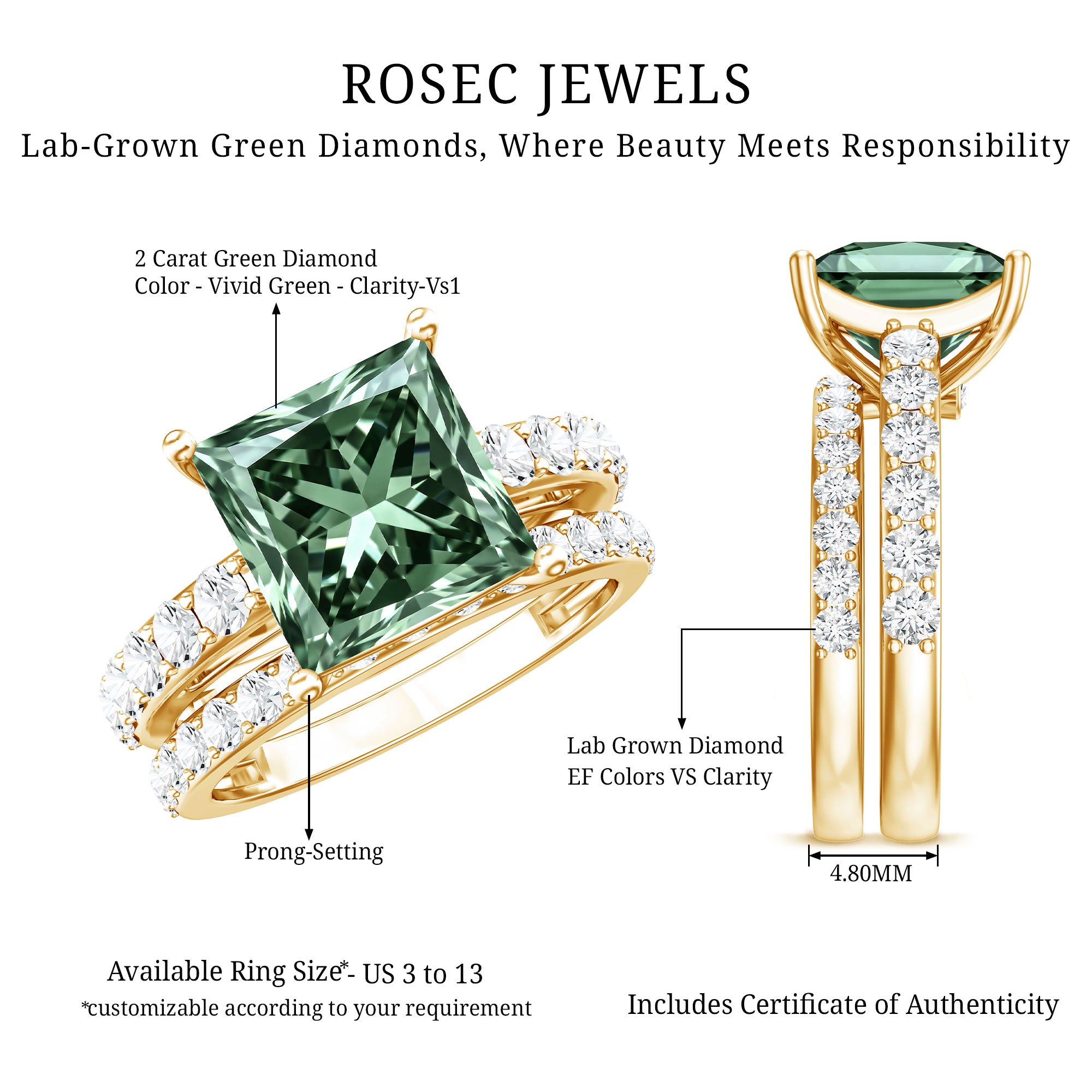 IGI Certified Princess Cut 2 Carat Lab Grown Green Diamond Wedding Ring Set Vivid Green - VS1 - Rosec Jewels