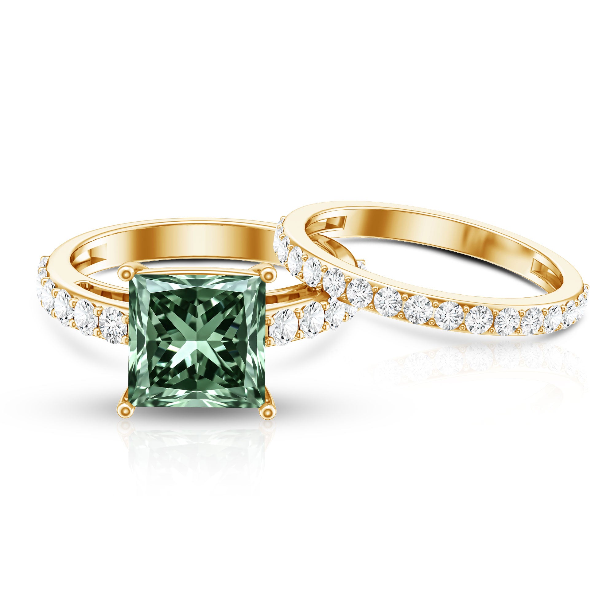 IGI Certified Princess Cut 2 Carat Lab Grown Green Diamond Wedding Ring Set Vivid Green - VS1 - Rosec Jewels