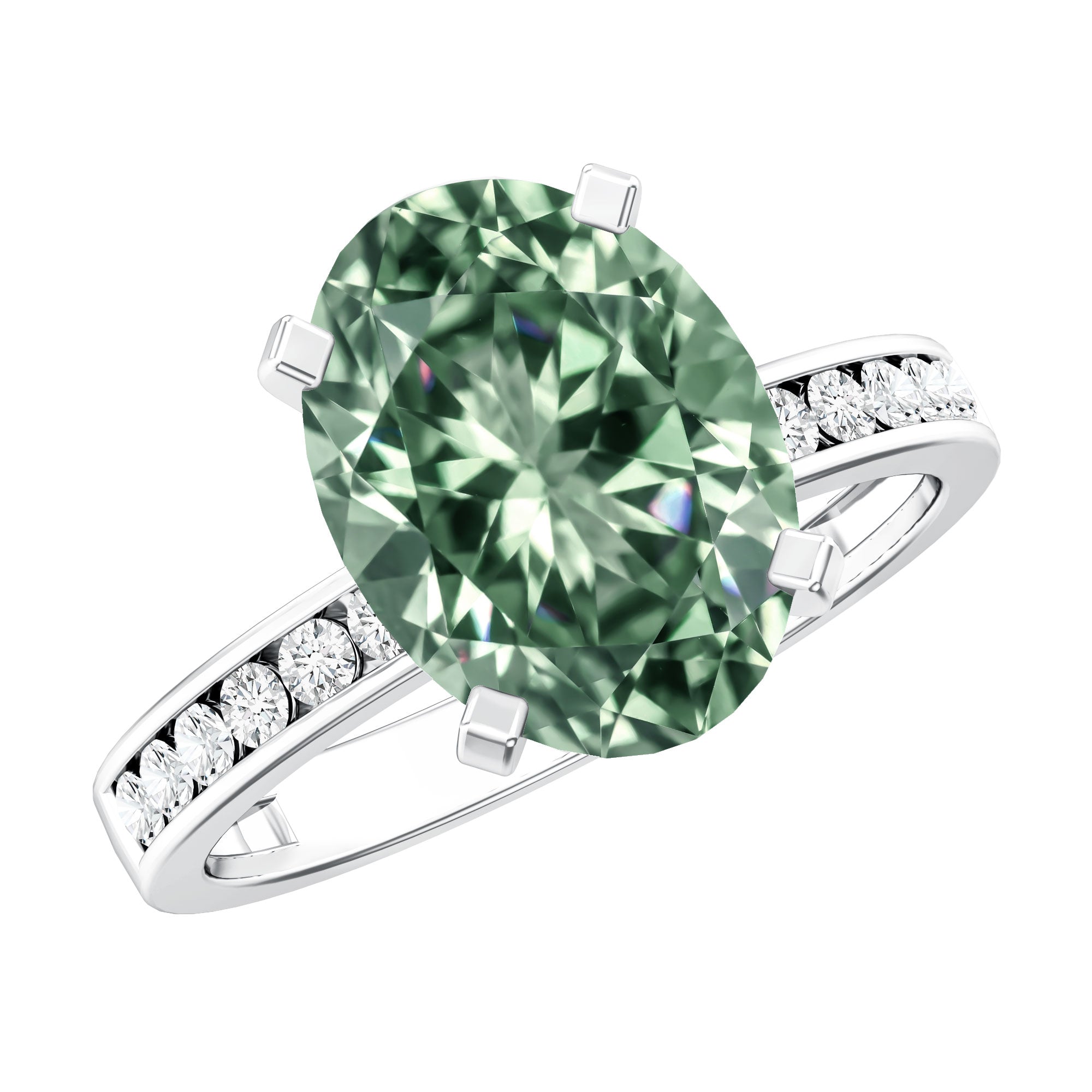 3 Carat IGI Certified Lab Green Diamond Solitaire Oval Engagement Ring with Side Stones Vivid Green - VS1 - Rosec Jewels