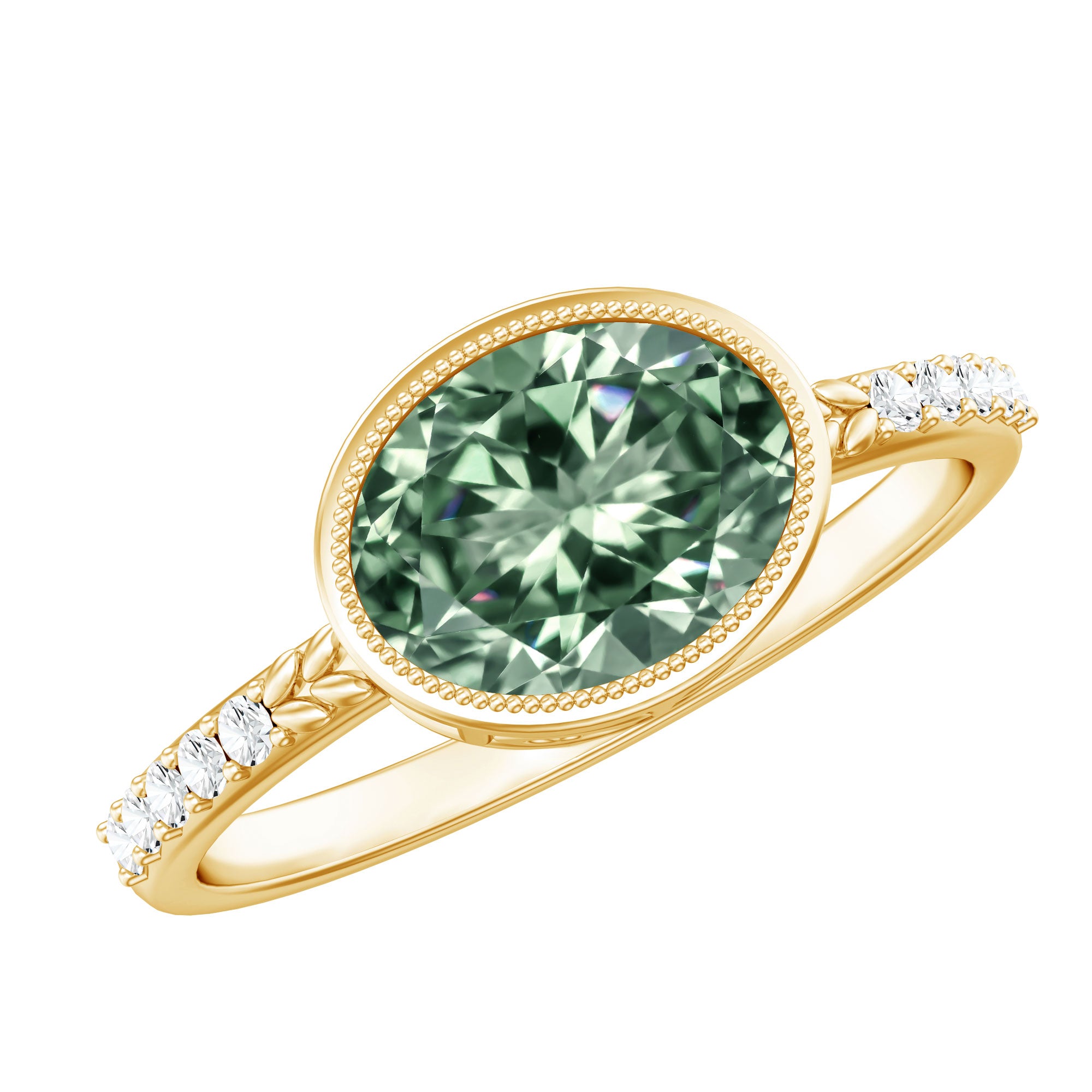 2 Carat Lab Grown Green Diamond East West Oval Engagement Ring with IGI Certificate Vivid Green - VS1 - Rosec Jewels