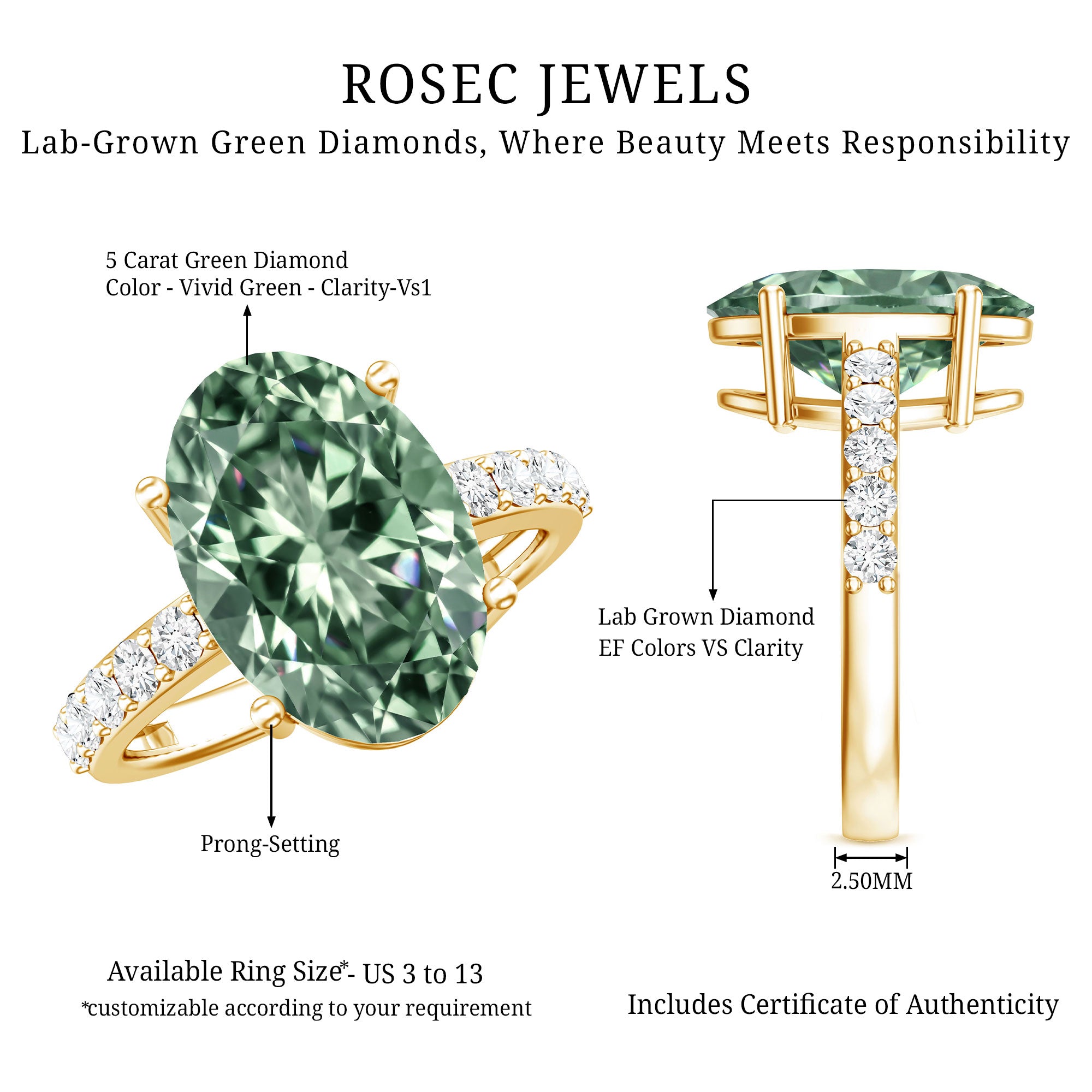 IGI Certified Lab Grown Green Diamond Oval Solitaire Engagement Ring 5 Carat Vivid Green - VS1 - Rosec Jewels