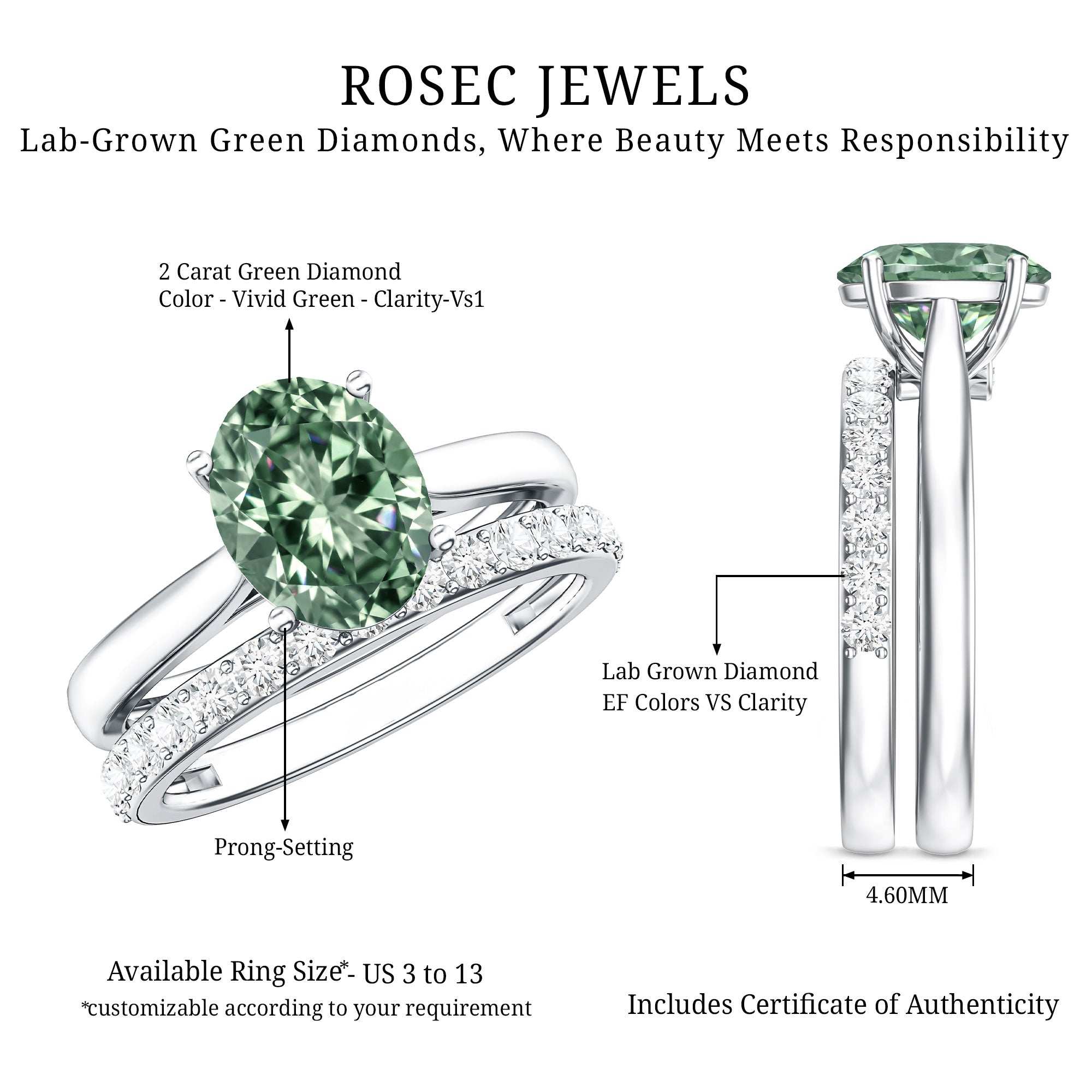 Solitaire 2 Carat Lab Green Diamond Oval Wedding Ring Set with IGI Certificate Vivid Green - VS1 - Rosec Jewels