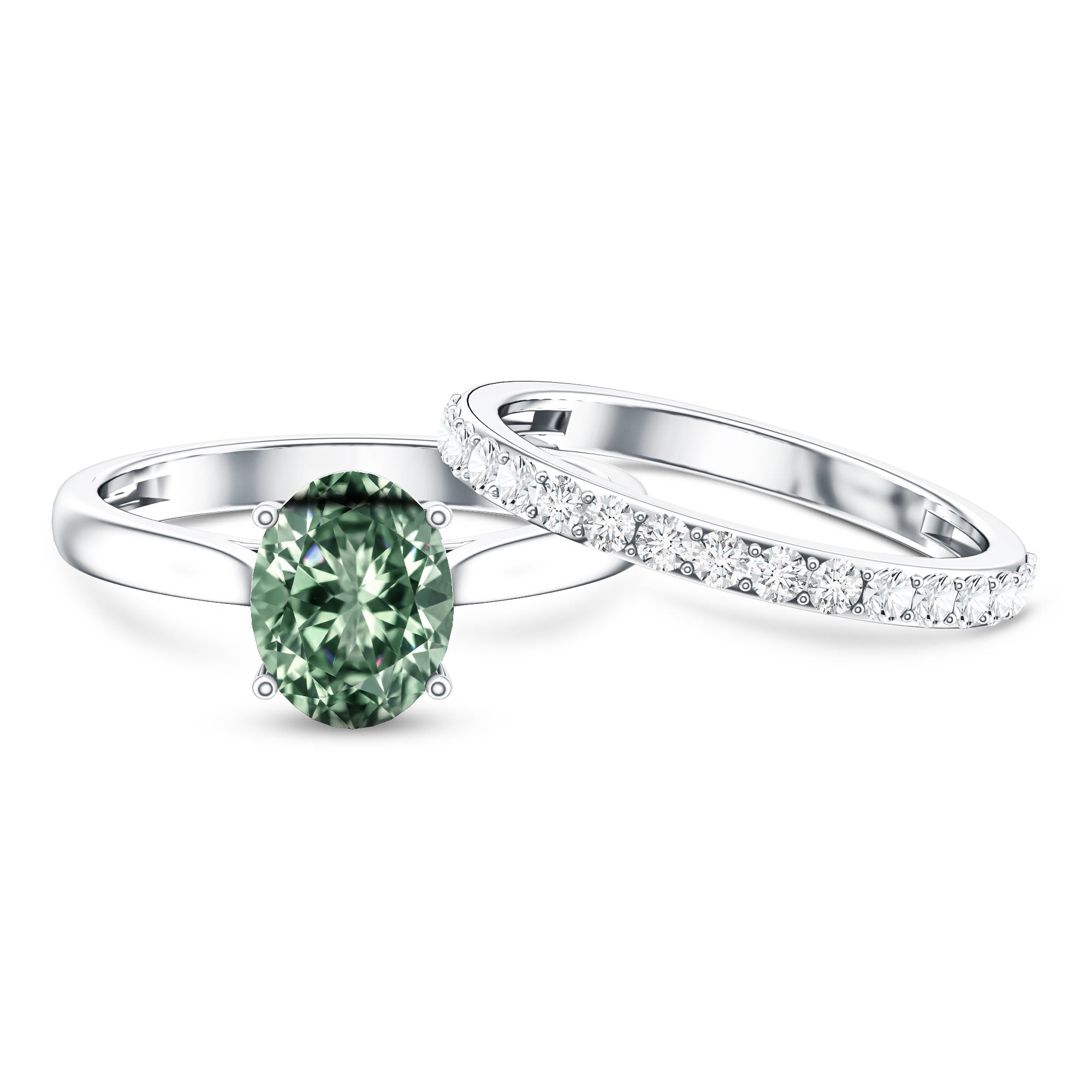 Solitaire 2 Carat Lab Green Diamond Oval Wedding Ring Set with IGI Certificate Vivid Green - VS1 - Rosec Jewels