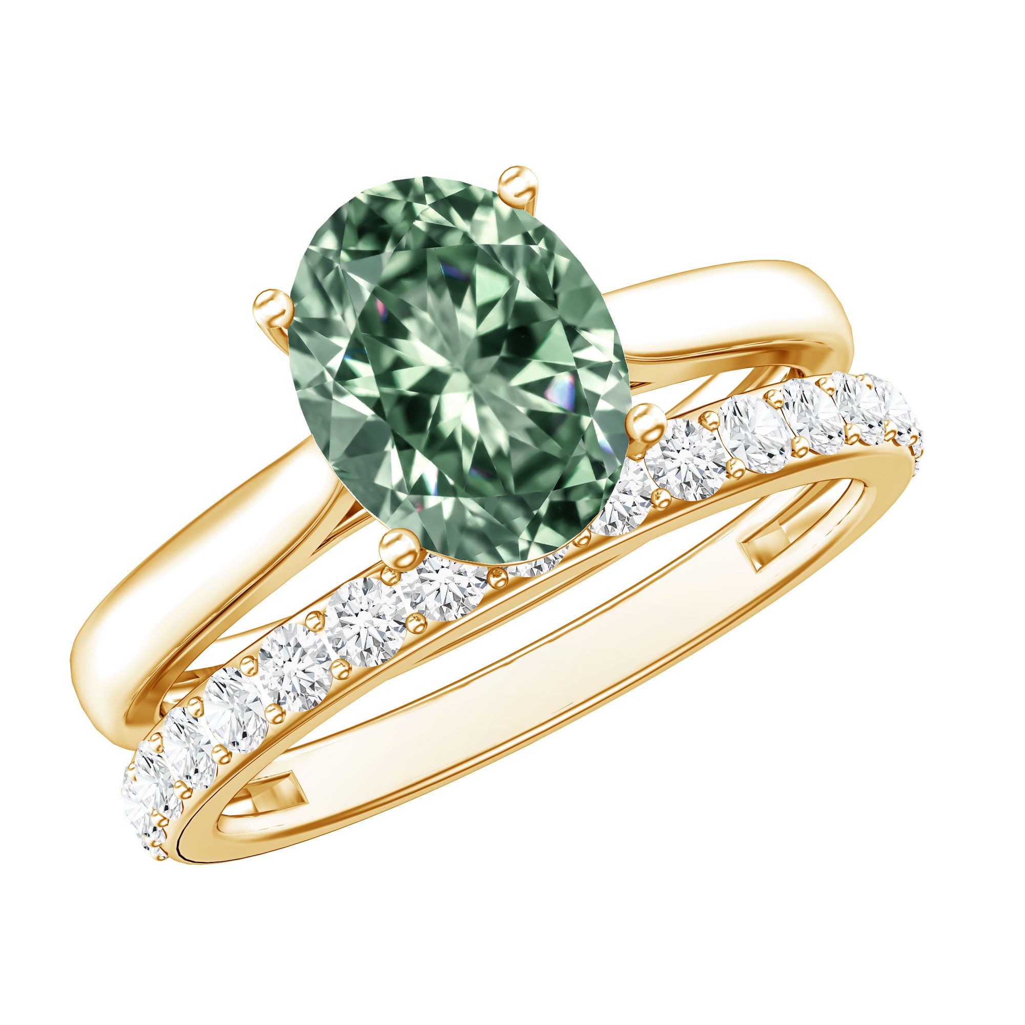 Solitaire 2 Carat Lab Green Diamond Oval Wedding Ring Set with IGI Certificate Vivid Green - VS1 - Rosec Jewels