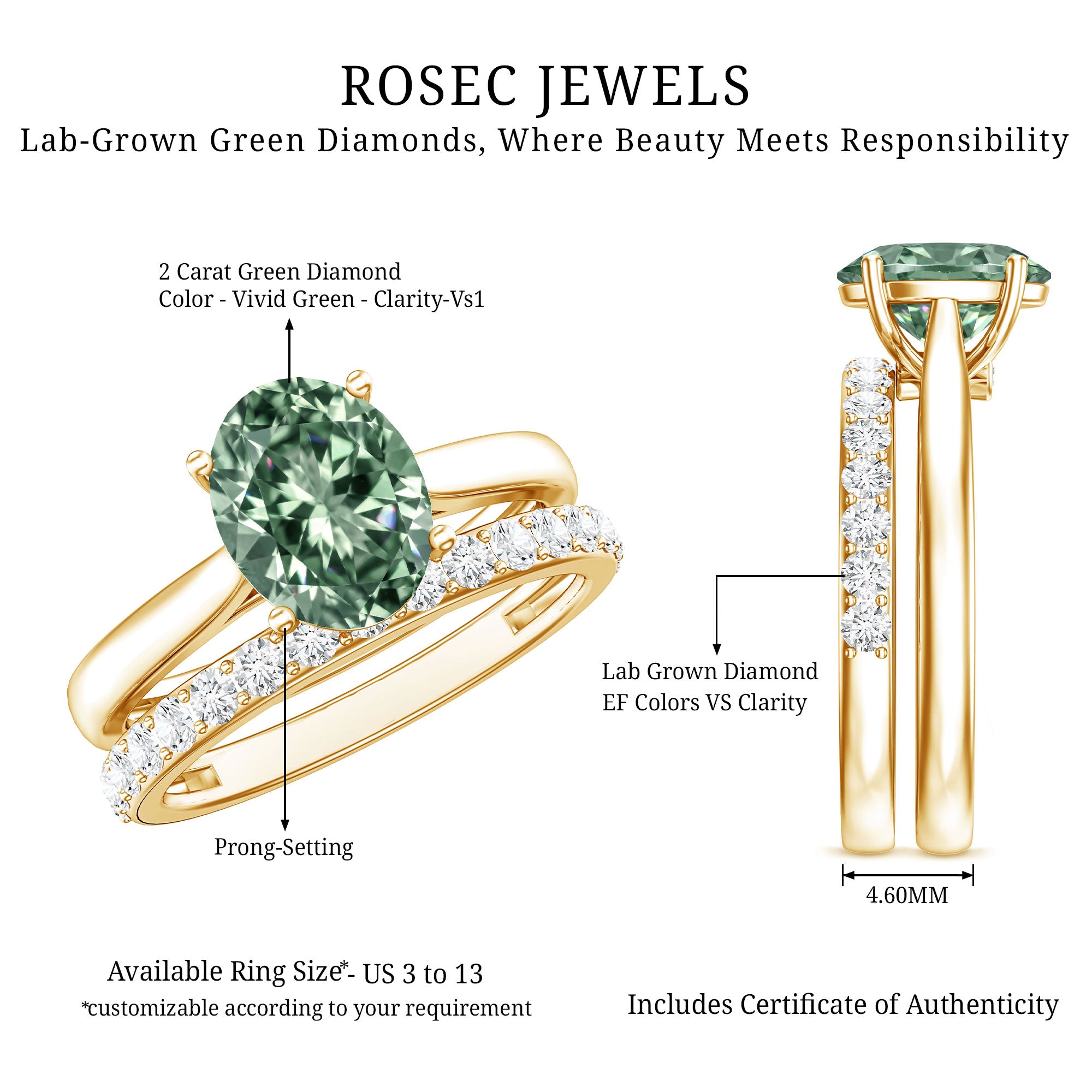 Solitaire 2 Carat Lab Green Diamond Oval Wedding Ring Set with IGI Certificate Vivid Green - VS1 - Rosec Jewels