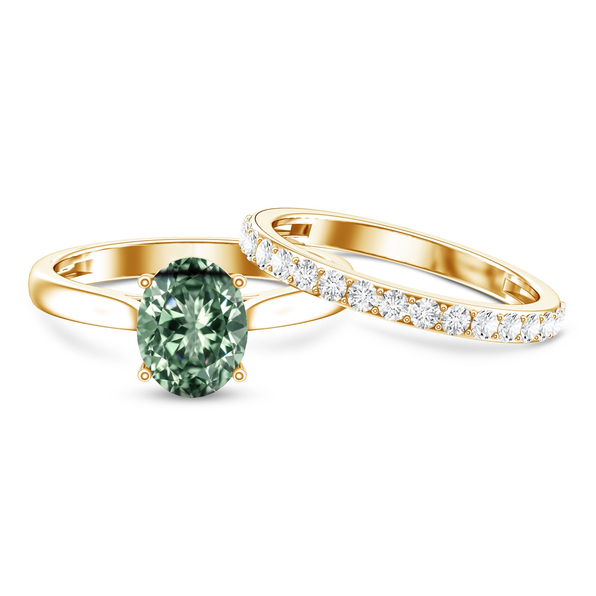 Solitaire 2 Carat Lab Green Diamond Oval Wedding Ring Set with IGI Certificate Vivid Green - VS1 - Rosec Jewels