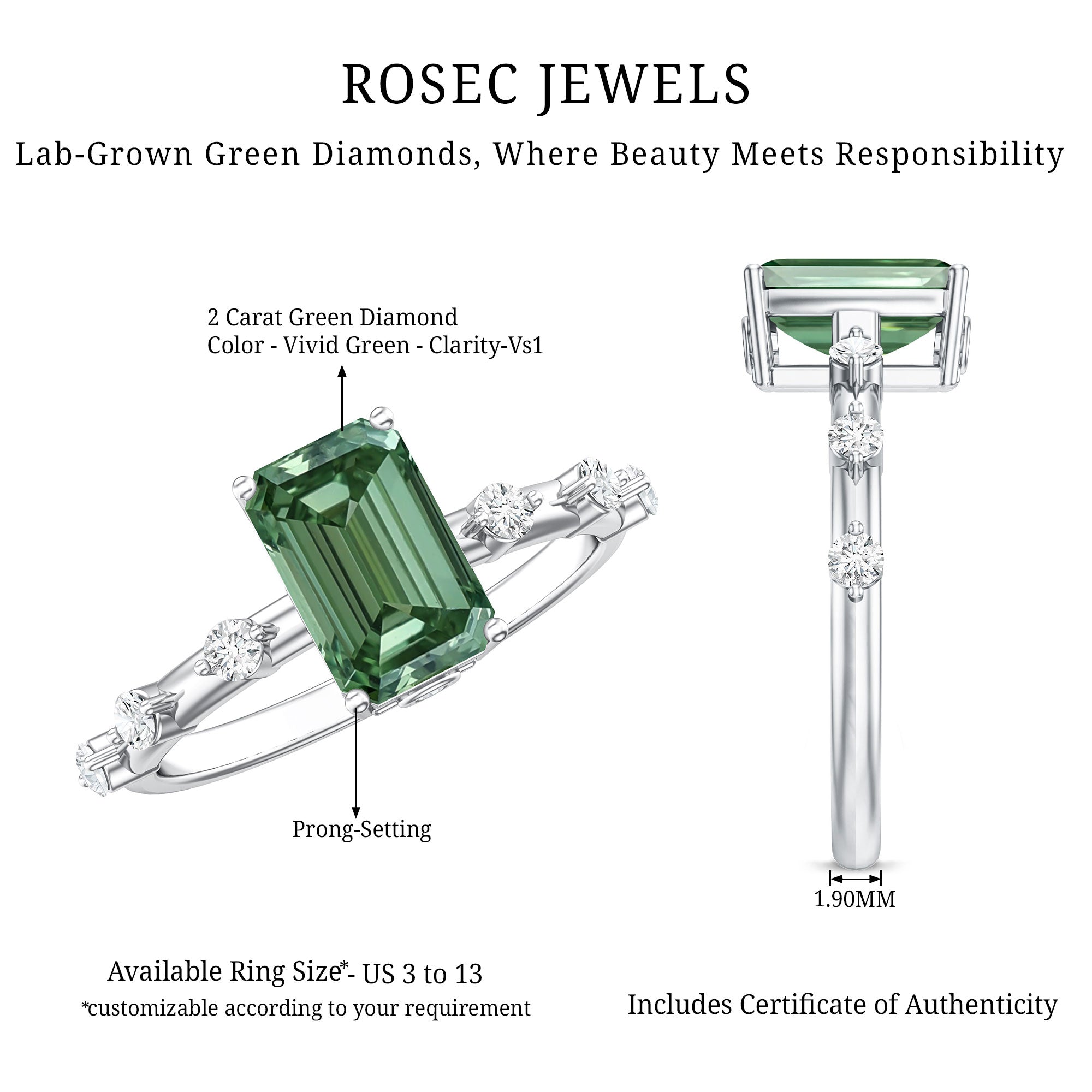 Rosec Jewels-IGI Certified Lab Grown Green Diamond Emerald Cut Engagement Ring 2 Carat