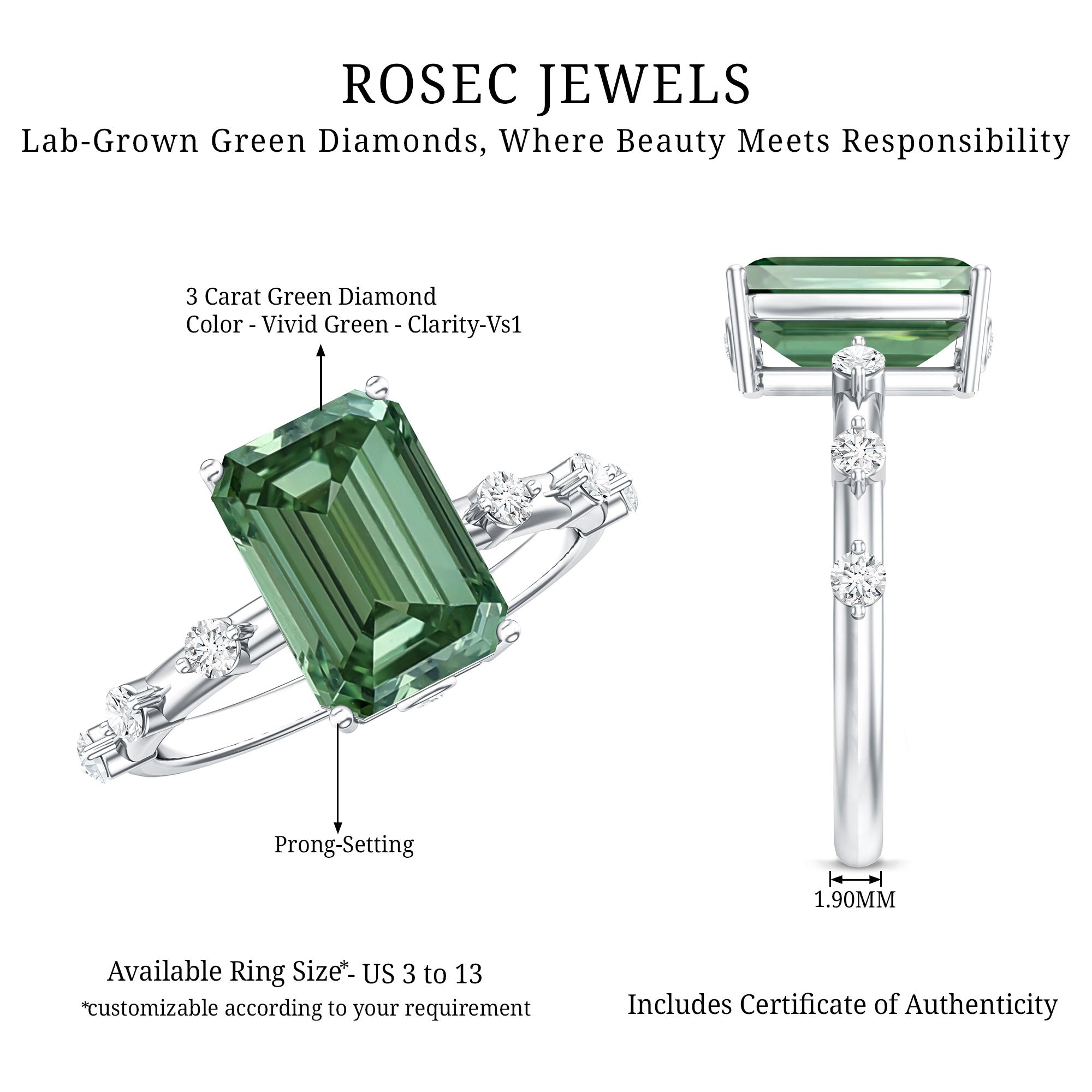 3 Carat Emerald Cut Lab Grown Green Diamond Engagement Ring IGI Certified Vivid Green - VS1 - Rosec Jewels