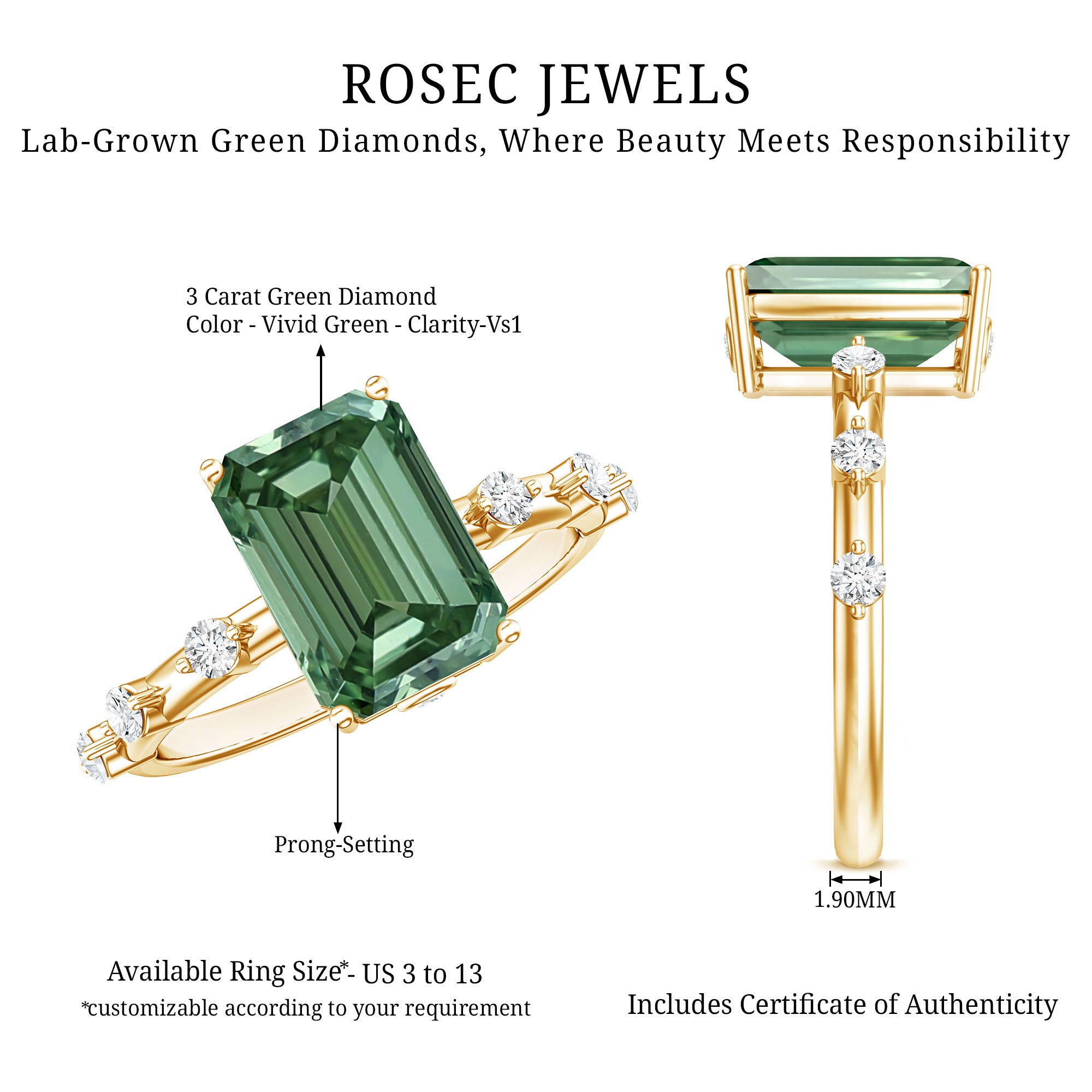 3 Carat Emerald Cut Lab Grown Green Diamond Engagement Ring IGI Certified Vivid Green - VS1 - Rosec Jewels