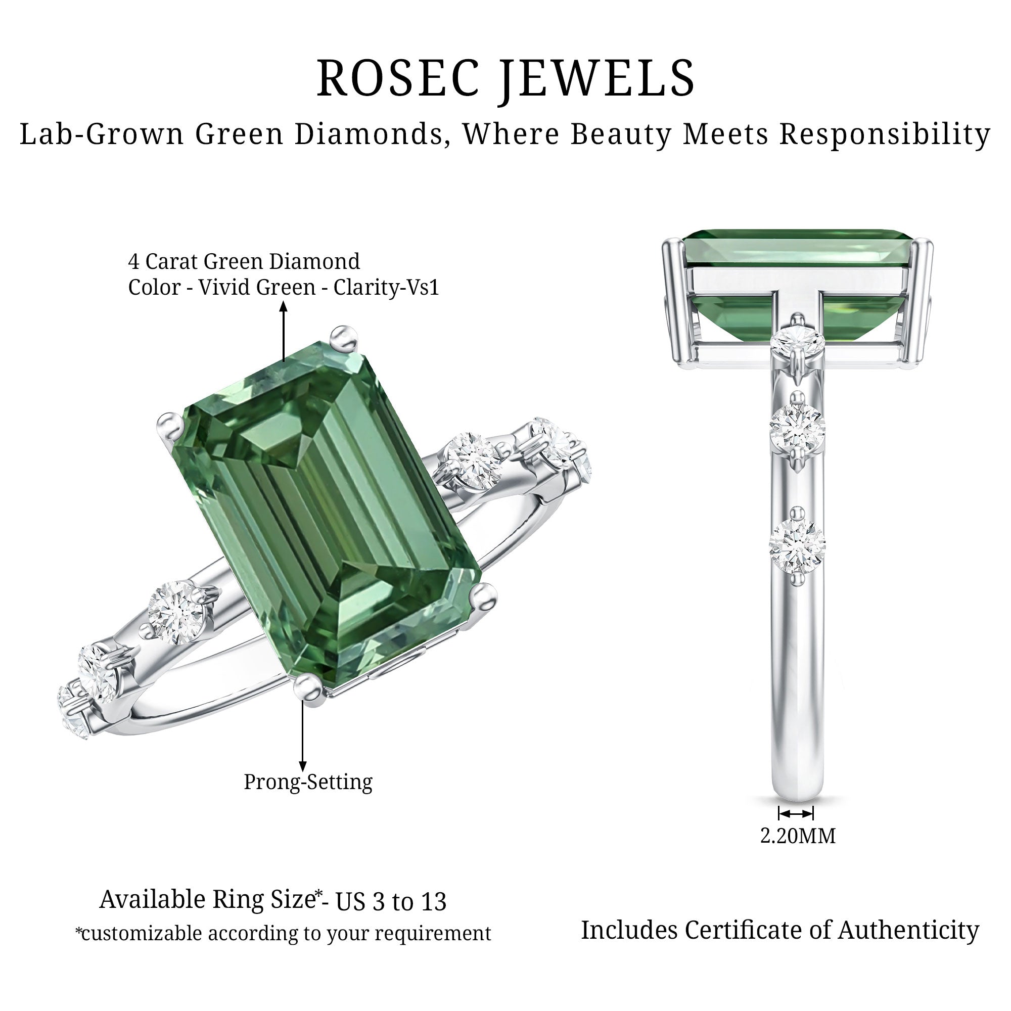 4 Carat Emerald Cut Green Lab Grown Diamond Solitaire Engagement Ring with IGI Certificate Vivid Green - VS1 - Rosec Jewels