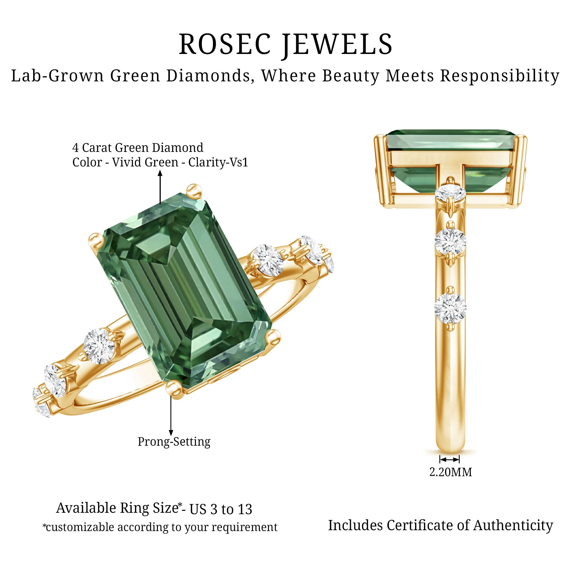 4 Carat Emerald Cut Green Lab Grown Diamond Solitaire Engagement Ring with IGI Certificate Vivid Green - VS1 - Rosec Jewels