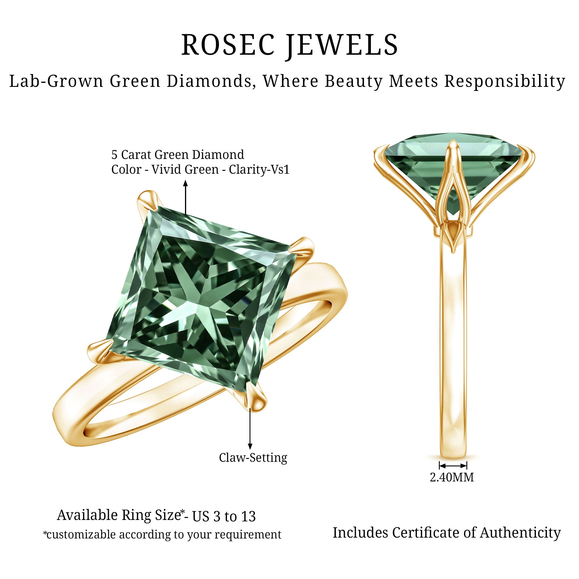 Solitaire 5 Carat Lab Grown Green Diamond Princess Cut Engagement Ring IGI Certified Vivid Green - VS1 - Rosec Jewels