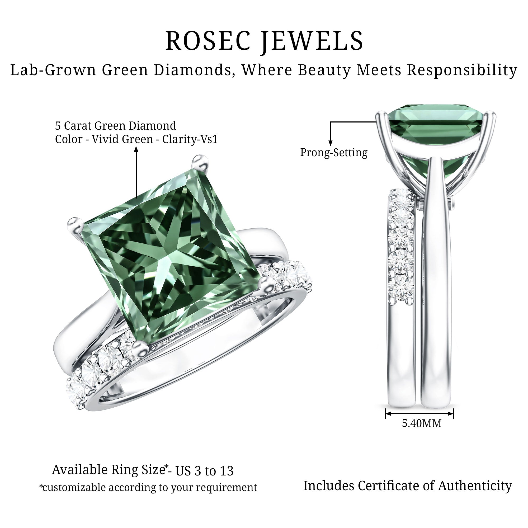 IGI Certified 5 Carat Princess Cut Lab Grown Green Diamond Engagement Ring with Enhancer Vivid Green - VS1 - Rosec Jewels