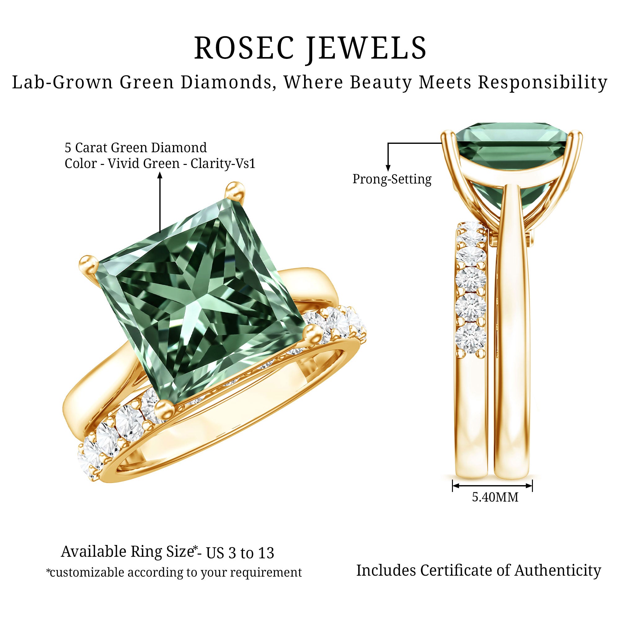 IGI Certified 5 Carat Princess Cut Lab Grown Green Diamond Engagement Ring with Enhancer Vivid Green - VS1 - Rosec Jewels