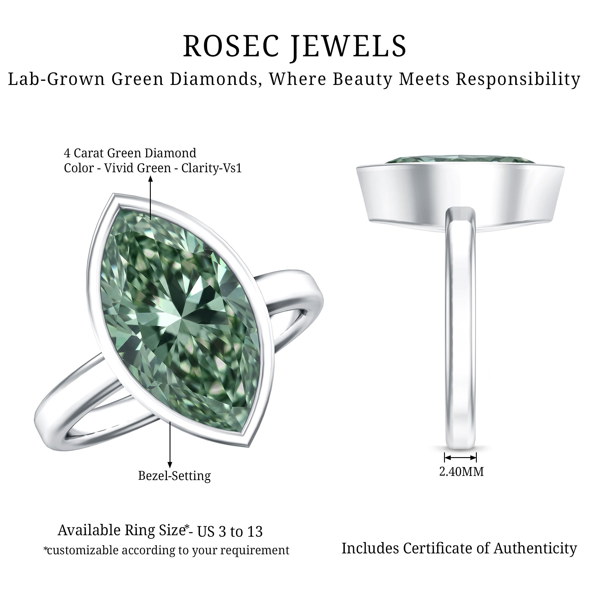 IGI Certified 4 Carat Lab Grown Green Diamond Marquise Cut Engagement Ring in Bezel Setting Vivid Green - VS1 - Rosec Jewels