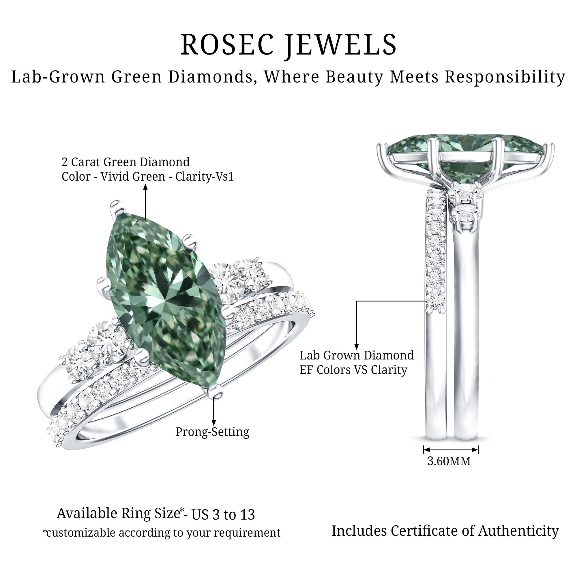 Rosec Jewels-IGI Certified 2 Carat Marquise Cut Lab Grown Green and White Diamond Bridal Ring Set