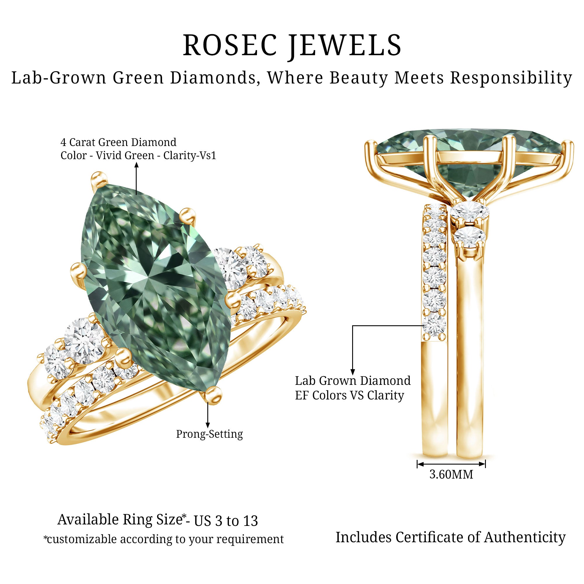 Rosec Jewels-Lab Grown 4 Carat Green Diamond Solitaire Wedding Ring Set with IGI Certified