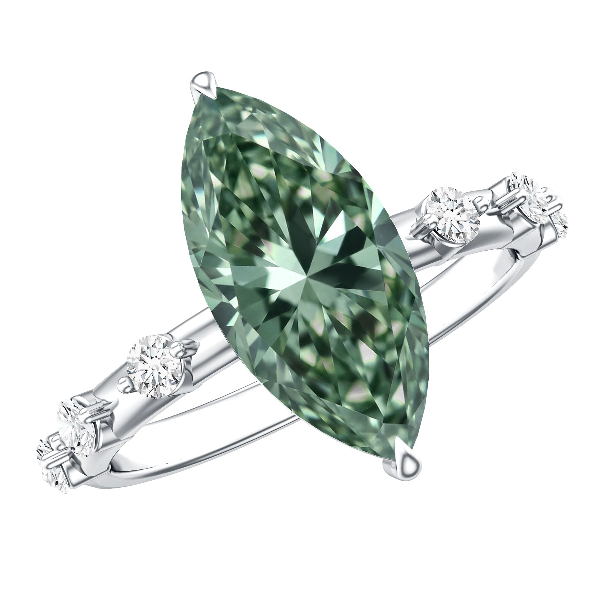 IGI Certified 3 Carat Marquise Lab Grown Green Diamond Engagement Ring with Spaced Accent Vivid Green - VS1 - Rosec Jewels