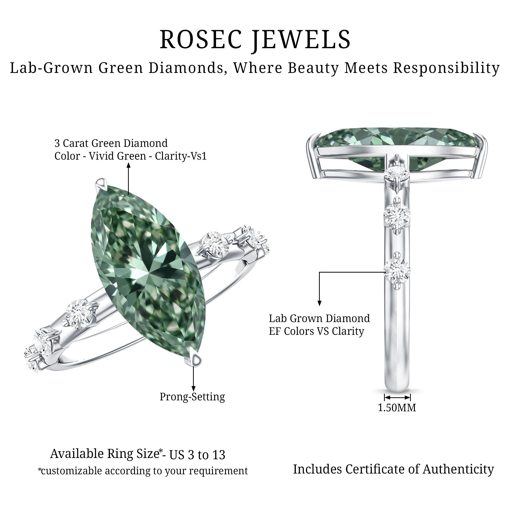 IGI Certified 3 Carat Marquise Lab Grown Green Diamond Engagement Ring with Spaced Accent Vivid Green - VS1 - Rosec Jewels