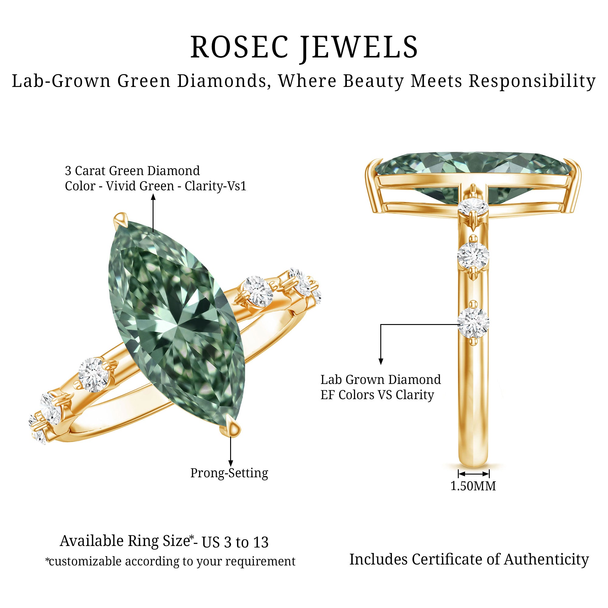 IGI Certified 3 Carat Marquise Lab Grown Green Diamond Engagement Ring with Spaced Accent Vivid Green - VS1 - Rosec Jewels