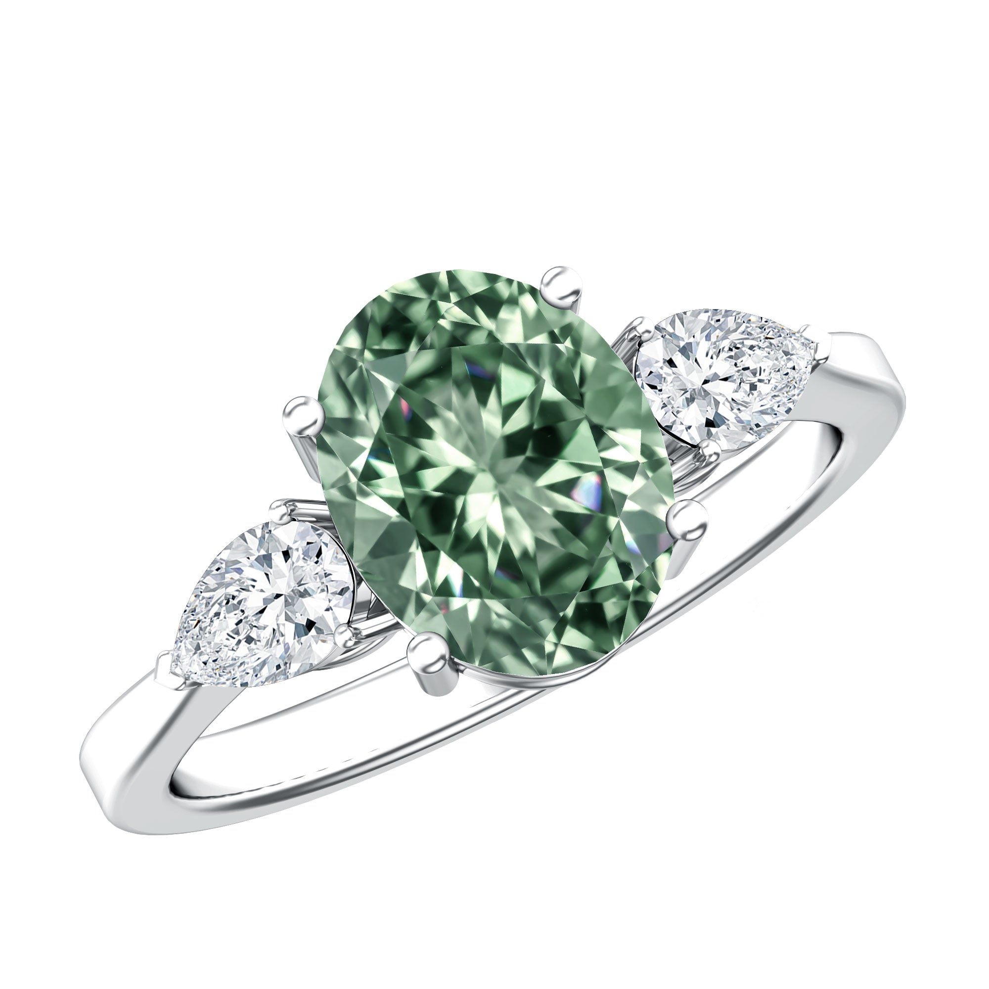 Oval Shaped 2 Carat Lab Grown Green Diamond Three Stone Engagement Ring with IGI Certificate Vivid Green - VS1 - Rosec Jewels