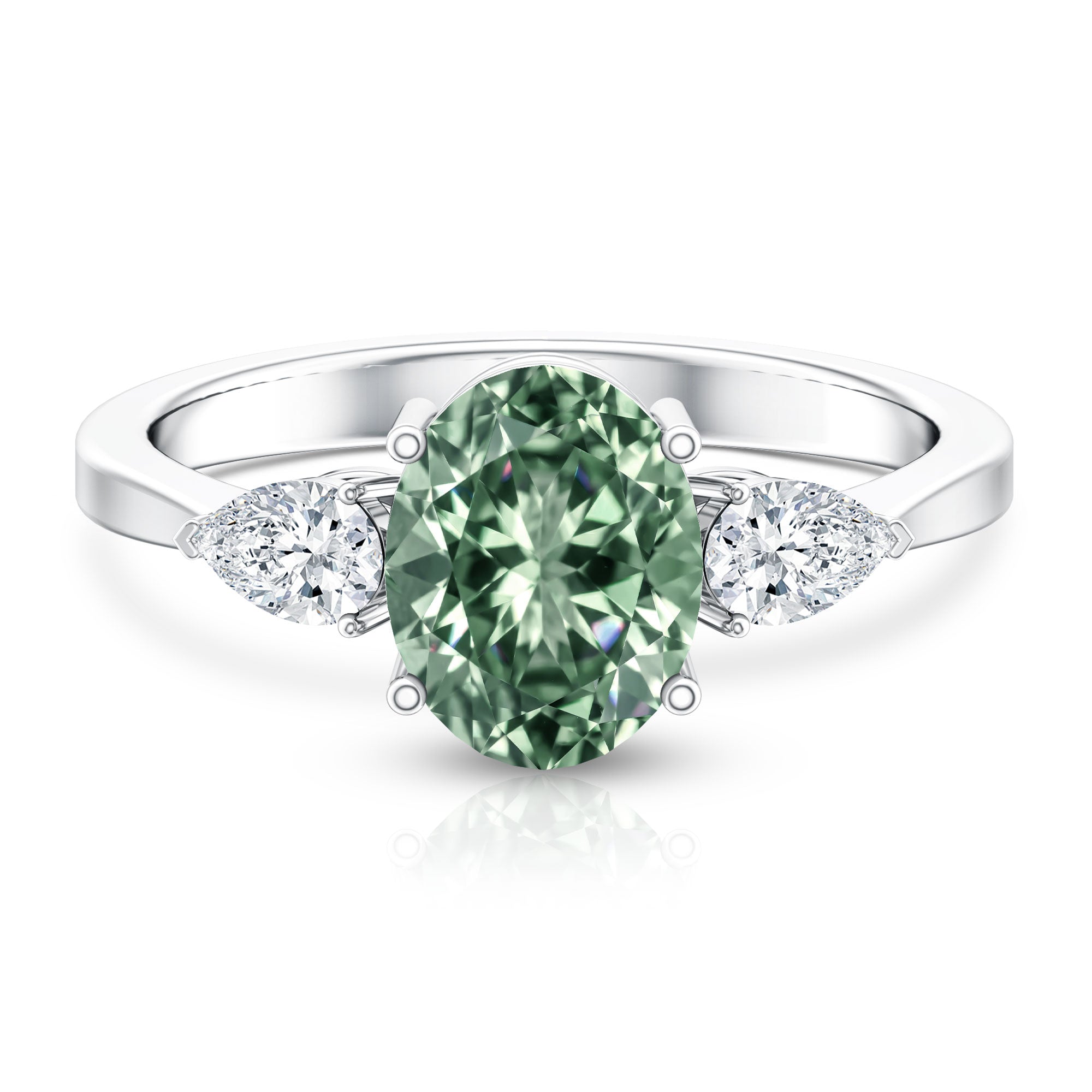 Oval Shaped 2 Carat Lab Grown Green Diamond Three Stone Engagement Ring with IGI Certificate Vivid Green - VS1 - Rosec Jewels