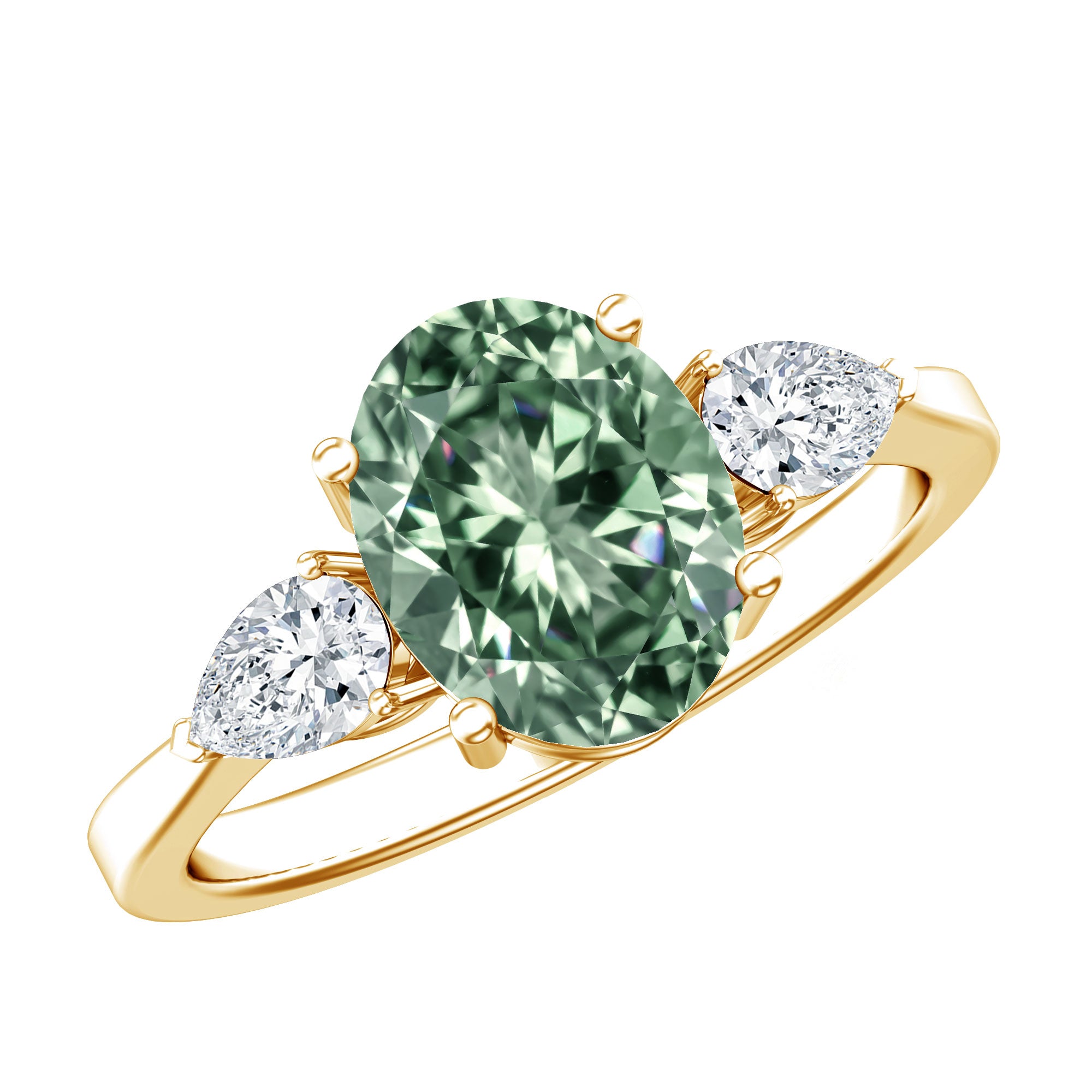 Oval Shaped 2 Carat Lab Grown Green Diamond Three Stone Engagement Ring with IGI Certificate Vivid Green - VS1 - Rosec Jewels