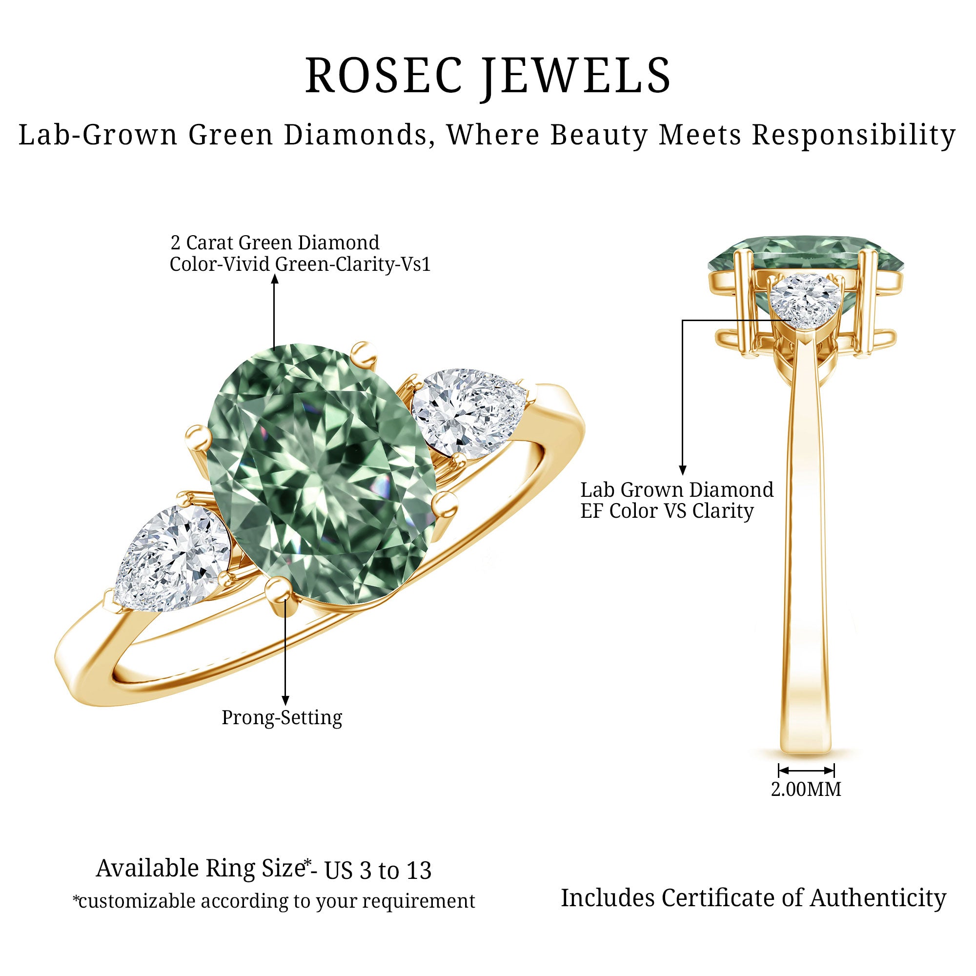 Oval Shaped 2 Carat Lab Grown Green Diamond Three Stone Engagement Ring with IGI Certificate Vivid Green - VS1 - Rosec Jewels