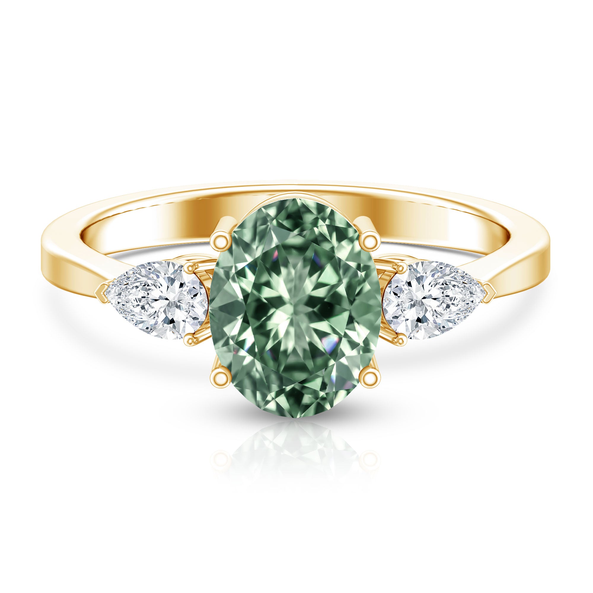 Oval Shaped 2 Carat Lab Grown Green Diamond Three Stone Engagement Ring with IGI Certificate Vivid Green - VS1 - Rosec Jewels