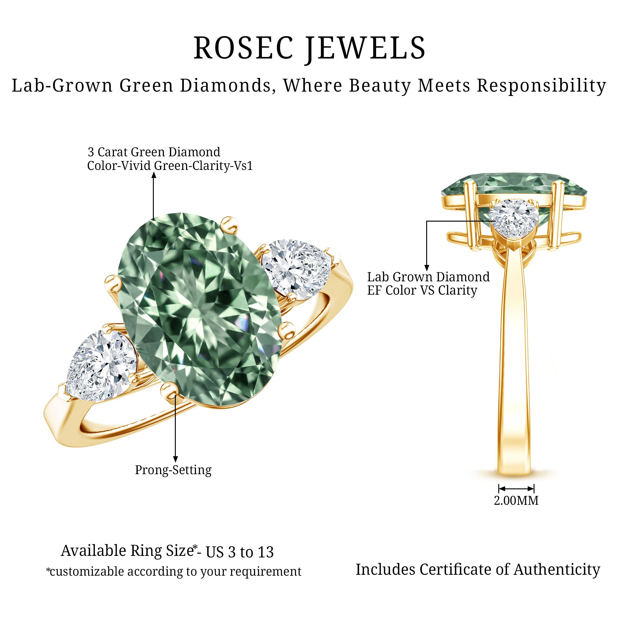 Lab Grown 3 Carat Green Diamond Past Present Future Ring with IGI Certificate Vivid Green - VS1 - Rosec Jewels