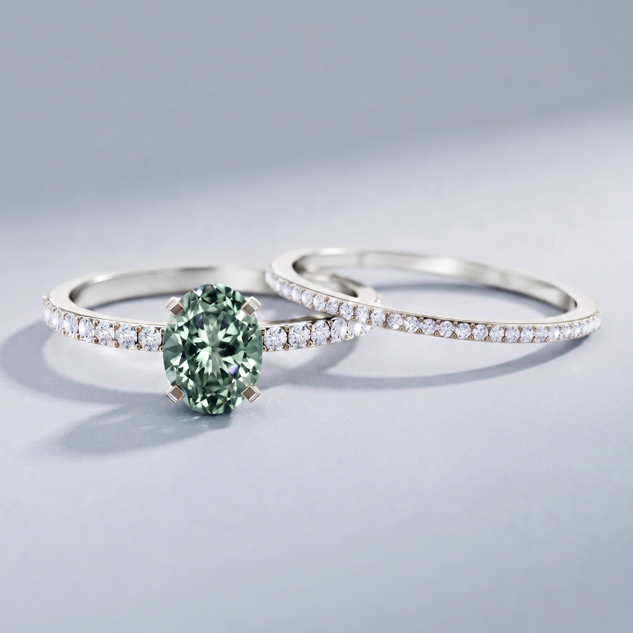 IGI Certified 1 Carat Lab Created Green Diamond Oval Engagement Ring Set Vivid Green - VS1 - Rosec Jewels