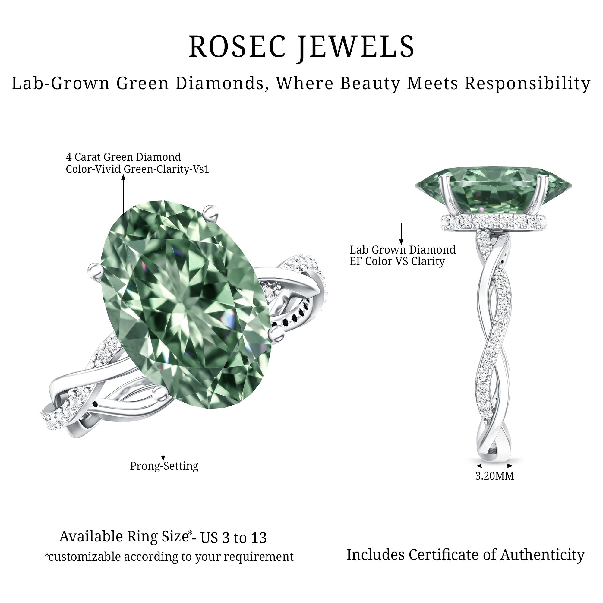 IGI Certified 4 Carat Huge Oval Lab Grown Green Diamond Braided Engagement Ring Vivid Green - VS1 - Rosec Jewels