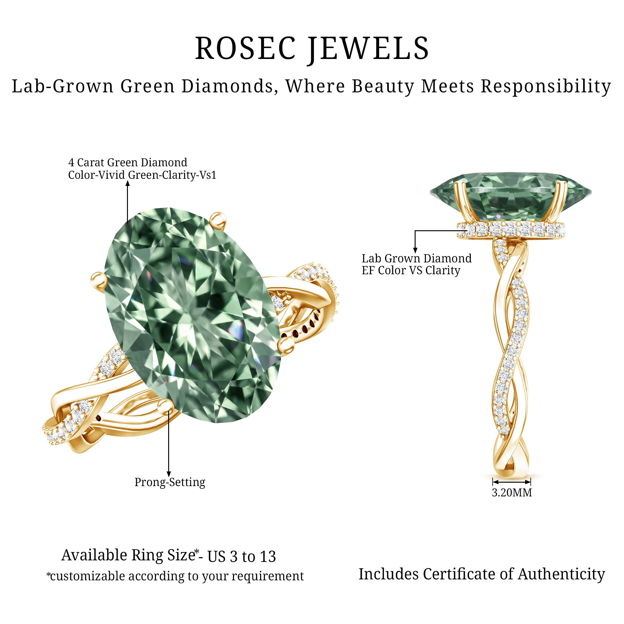 IGI Certified 4 Carat Huge Oval Lab Grown Green Diamond Braided Engagement Ring Vivid Green - VS1 - Rosec Jewels