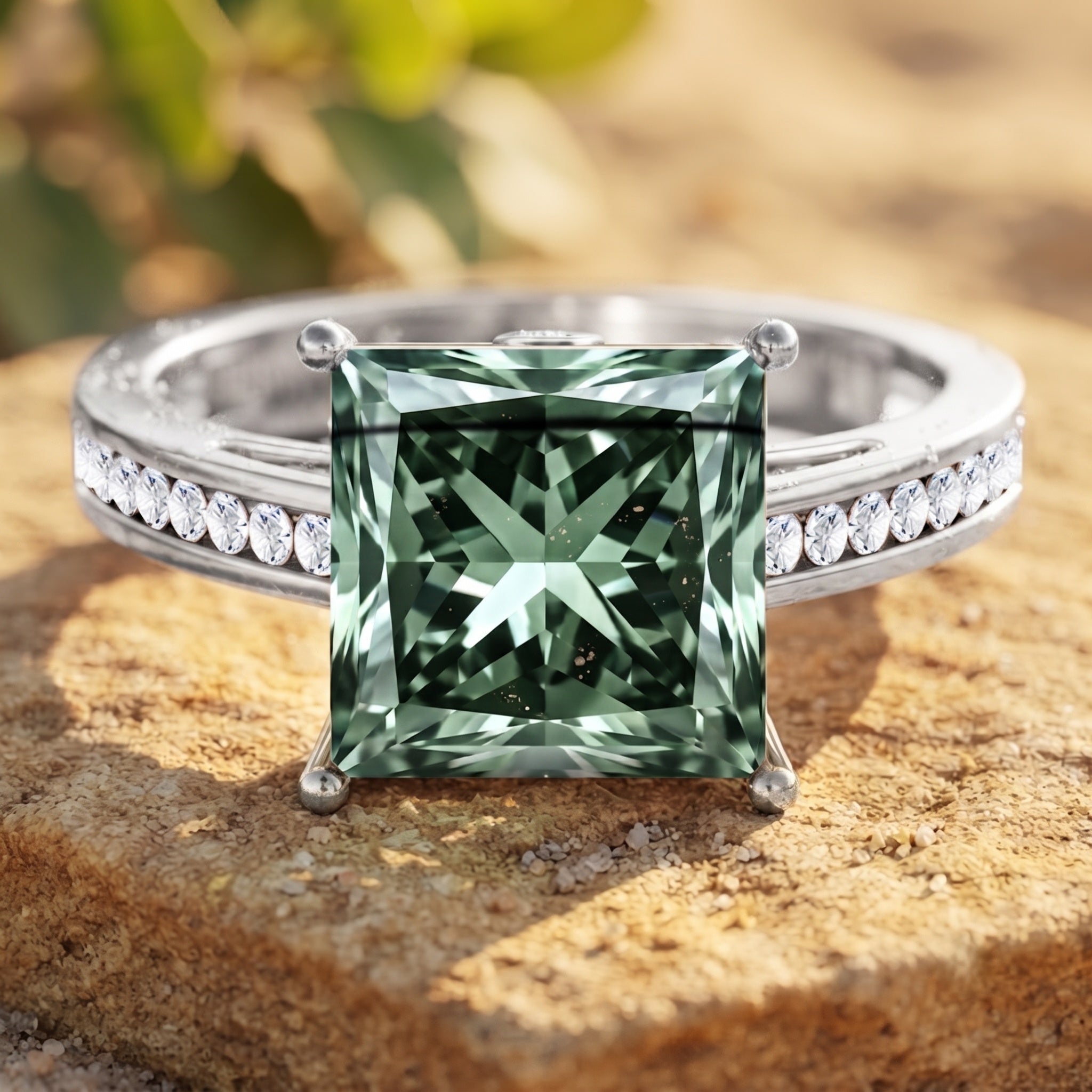 Princess Cut Lab Grown Green Diamond 5 Carat Engagement Ring IGI Certified Vivid Green - VS1 - Rosec Jewels