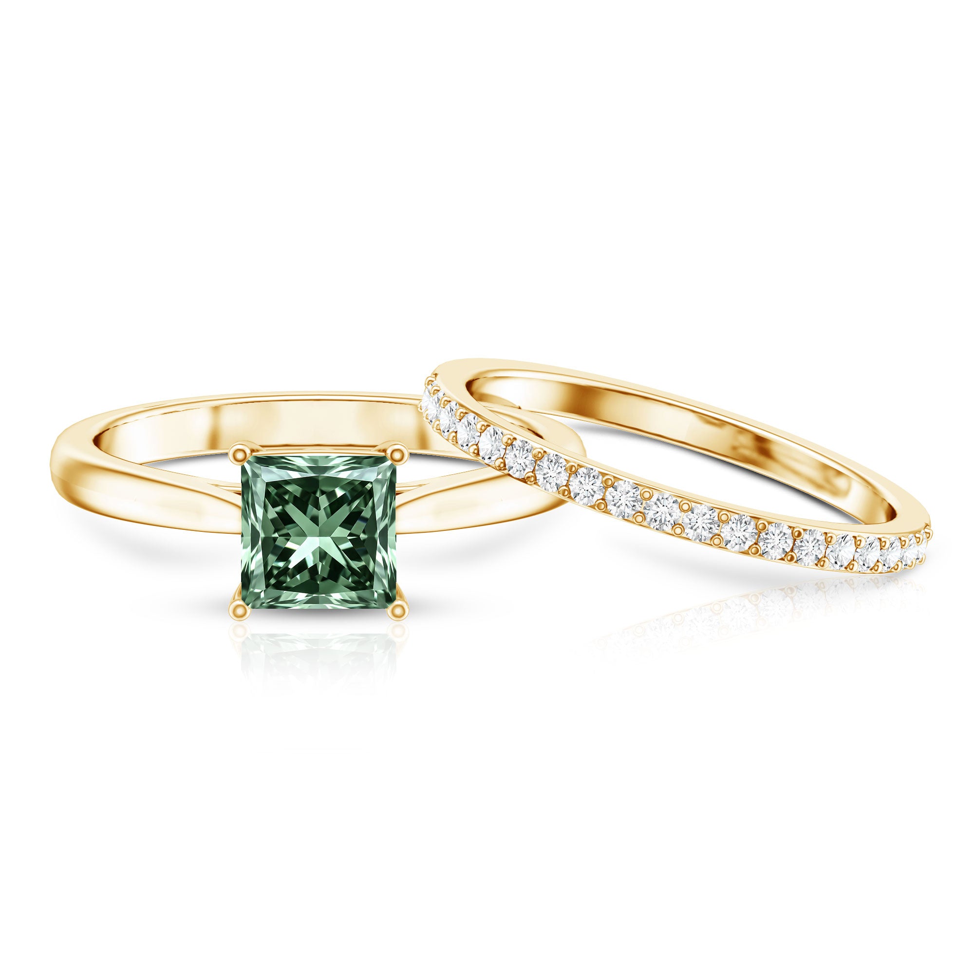 2 Carat Princess Cut Lab Grown Green and White Diamond Wedding Ring Set for Women Vivid Green - VS1 - Rosec Jewels