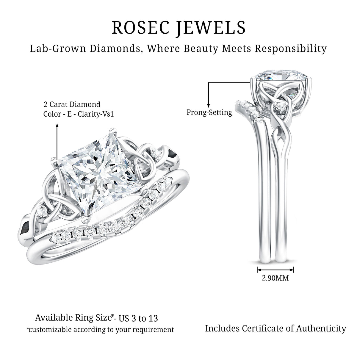 Rosec Jewels-IGI Graded 2 Carat Princess Cut Lab Diamond Celtic Engagement Ring with Ring Guard
