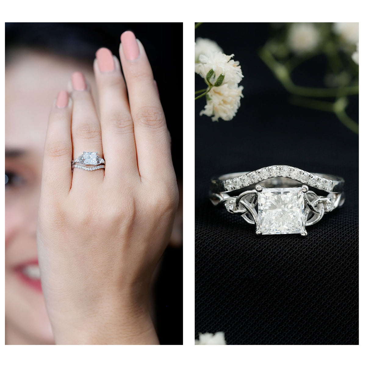 Rosec Jewels-IGI Graded 2 Carat Princess Cut Lab Diamond Celtic Engagement Ring with Ring Guard