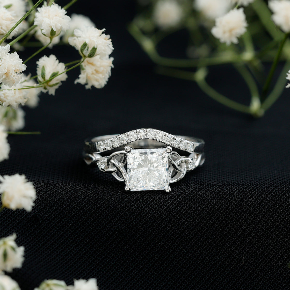Rosec Jewels-IGI Graded 2 Carat Princess Cut Lab Diamond Celtic Engagement Ring with Ring Guard
