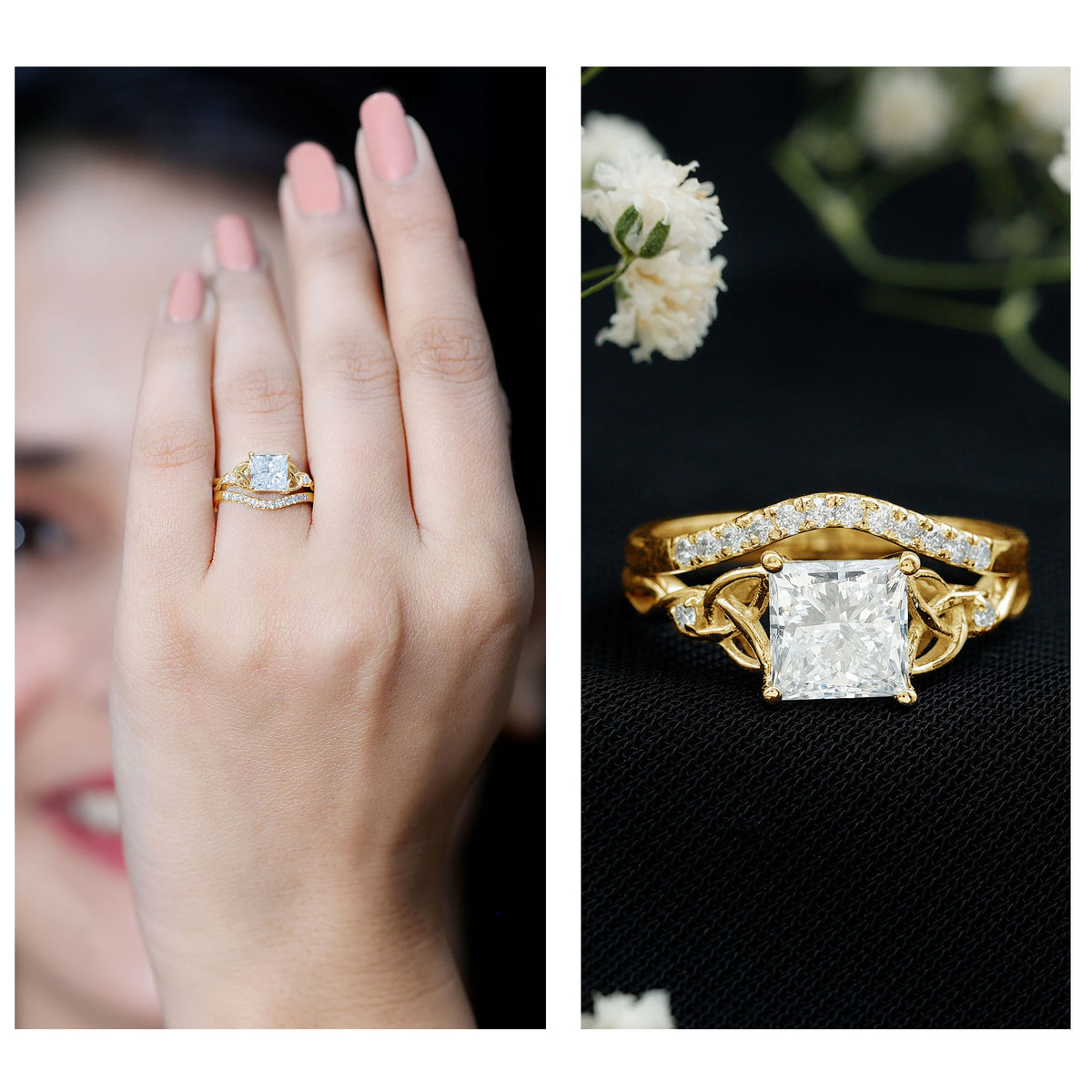 Rosec Jewels-IGI Graded 2 Carat Princess Cut Lab Diamond Celtic Engagement Ring with Ring Guard