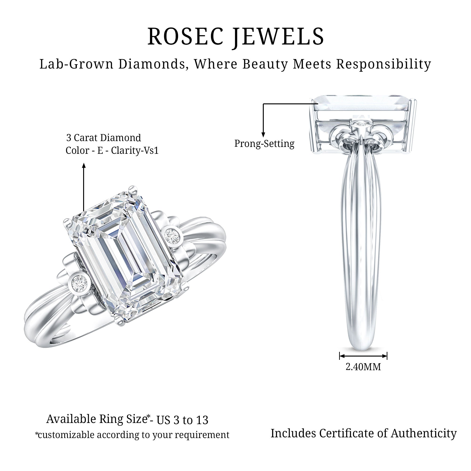 Emerald Cut Lab Grown Diamond 3 Carat Engagement Ring IGI Certified Lab - ( E-VS1 ) - Rosec Jewels