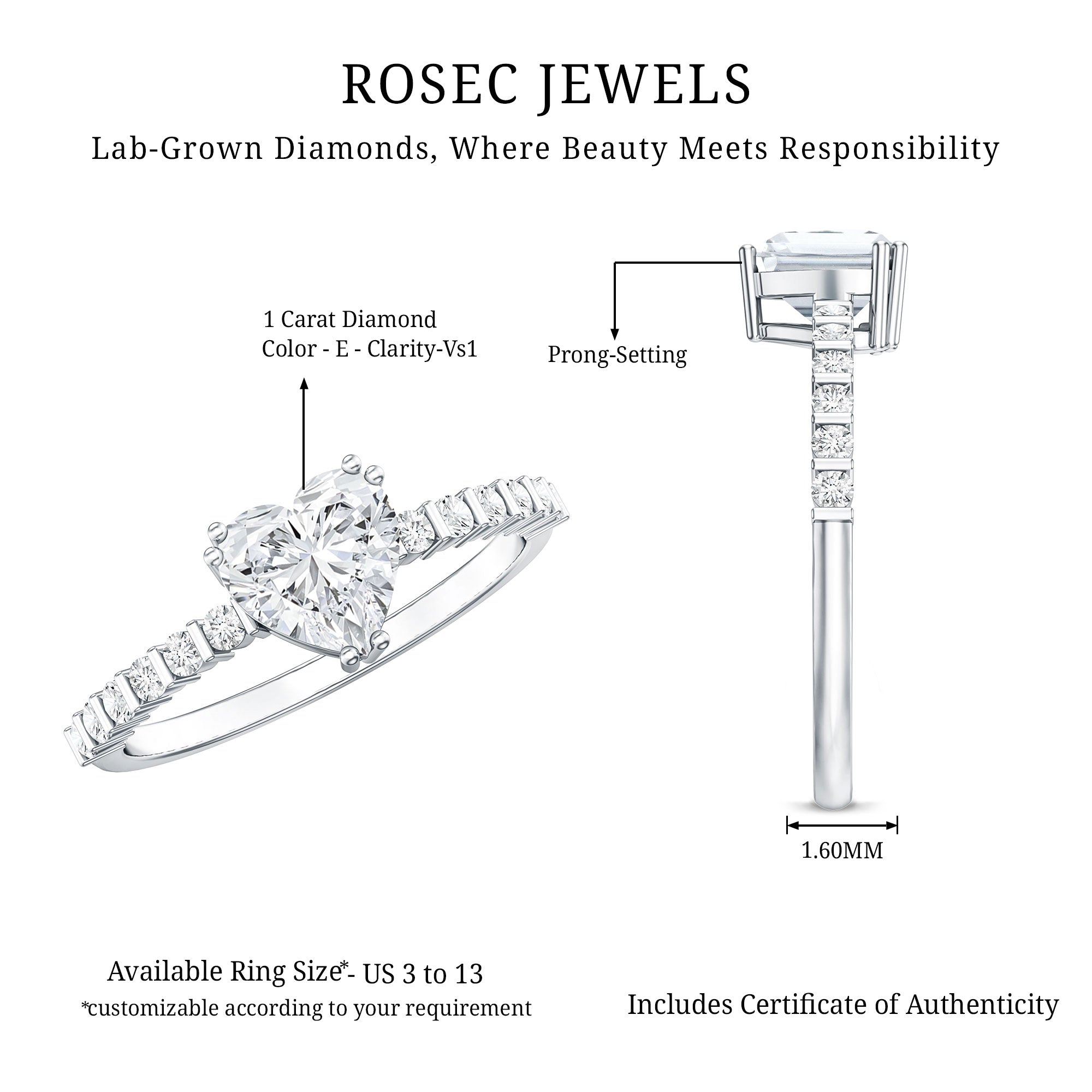 IGI Certified Lab Grown Diamond 1 Carat Heart Engagement Ring for Women Lab - ( E-VS1 ) - Rosec Jewels